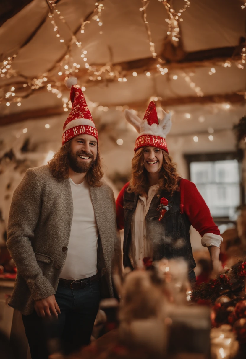 New Year's corporate party in a marketing agency. Cheerful atmosphere, two men in Santa hats exploding clappers, with them women in dresses and cowboy hats. One man behind them in a rabbit costume, the second man behind them in a reindeer costume, total of 7 people in the picture. You can see a Christmas tree in the background, with confetti flying in the air.
