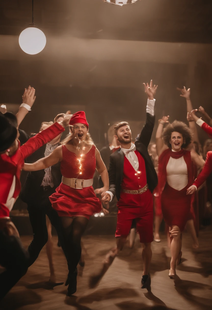 New Year's corporate party in a marketing agency. Cheerful atmosphere, two men in Santa hats exploding clappers, with them women in dresses and cowboy hats. One man behind them in a rabbit costume, the second man behind them in a reindeer costume, total of 7 people in the picture. You can see a Christmas tree in the background, with confetti flying in the air.