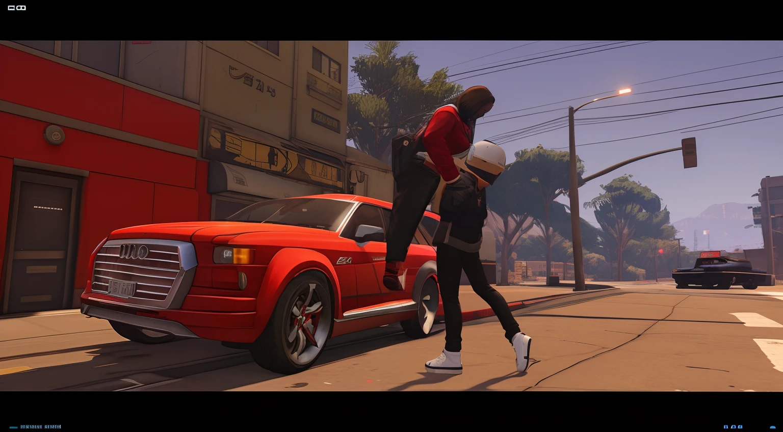 araffes walking on the street in front of a red car, snoop  gta v, gta5 style, gta 5 screenshot, drake in gta v, naruto in gta v, gta v screenshot, gta v style, style of gta v, ariana grande in gta v, gta v gameplay screenshot, gta v street style, style of gta v artworks