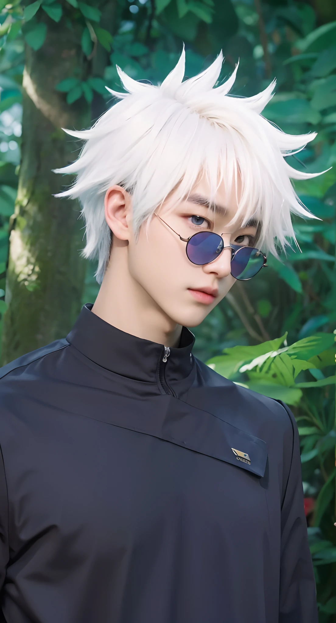 Real life adaption of this character, Korean handsome face,looking to viewer,realistic same hair ,realistic jungle with many grass background, hyper realistic, realistic light, realistic shadow, realism,(photorealistic:1.2), (realistic same outfit),wear realistic round glasses, ((realistic Eyes are bright blue color)),his eyelashes is white color