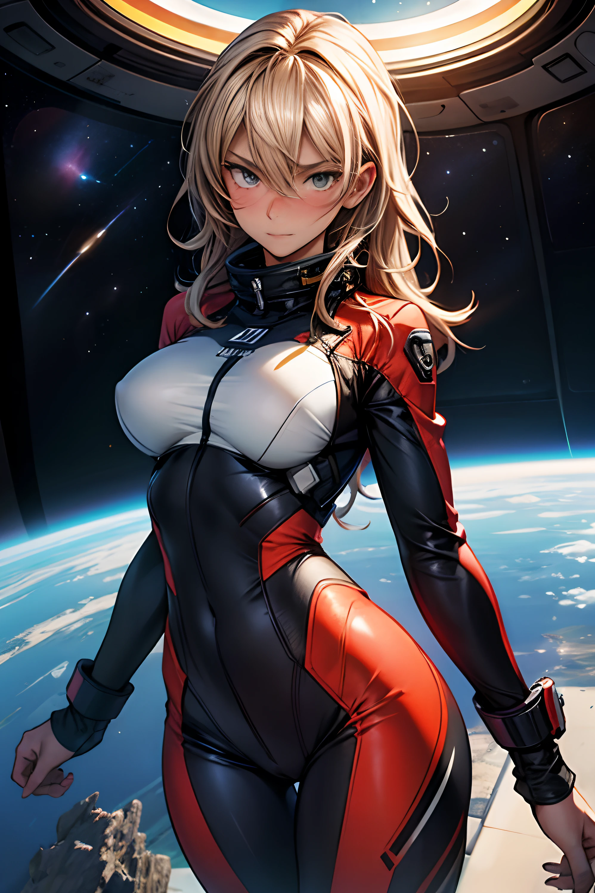 sandy hair fit body large breasts slender thighs slender waist pilot suit solo looking at viewer in space long hair blushing determination