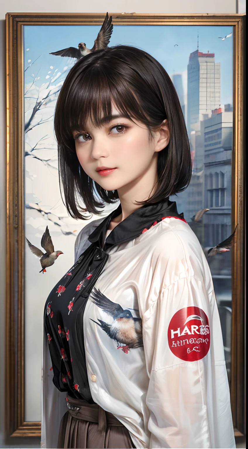 63
(a 20 yo woman,is standing), (A hyper-realistic), (Masterpiece), ((A dark-haired、short-hair:1.3)), (Silky hair), (breast), (Gentle expression), red lipsticks, (Clothes printed with pictures of birds)