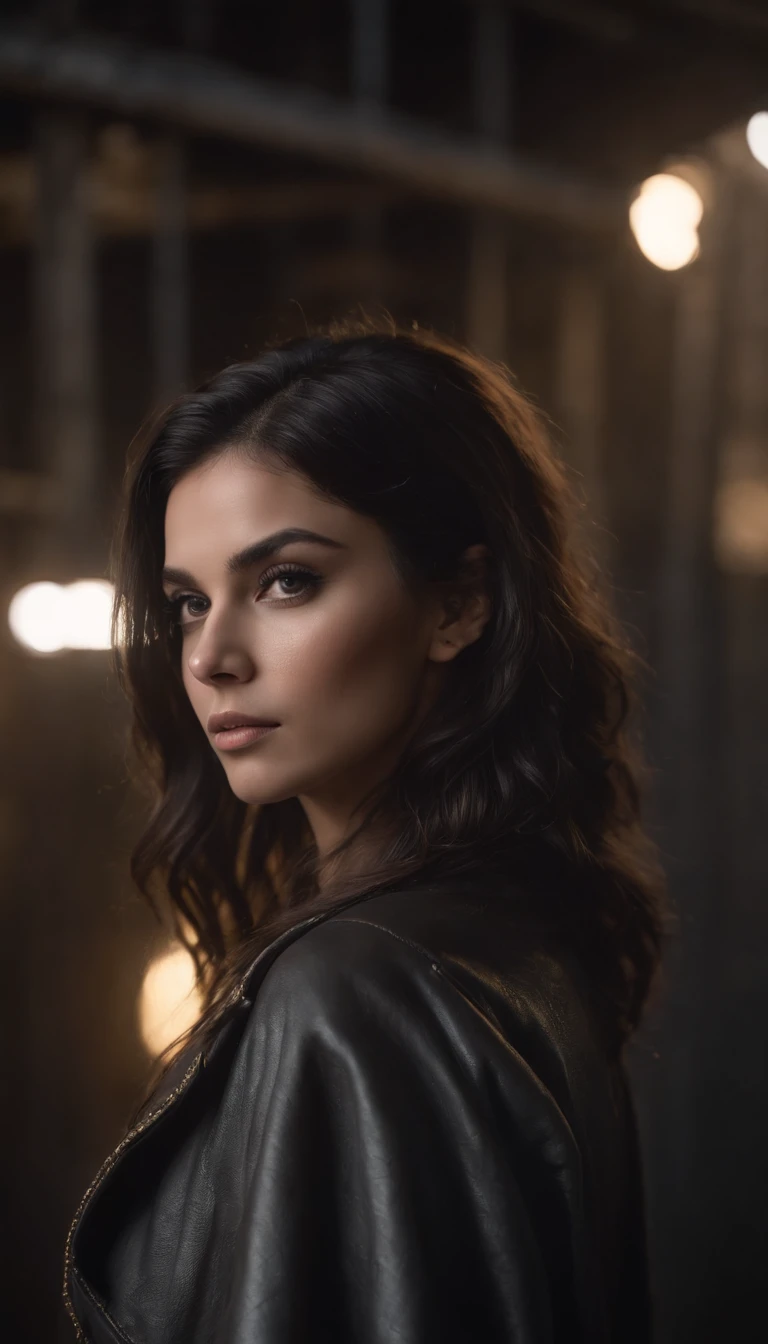 a latina woman, beautiful detailed eyes, beautiful detailed lips, extremely detailed face and skin, long eyelashes, dark brown hair, flawless skin, volumizing mascara, red lipstick, leather jacket, skinny jeans, high heels, dramatic lighting, dramatic pose, cinematic angle, chiaroscuro lighting, moody atmosphere, vibrant colors, photorealistic, 8k, best quality, masterpiece, intricate details