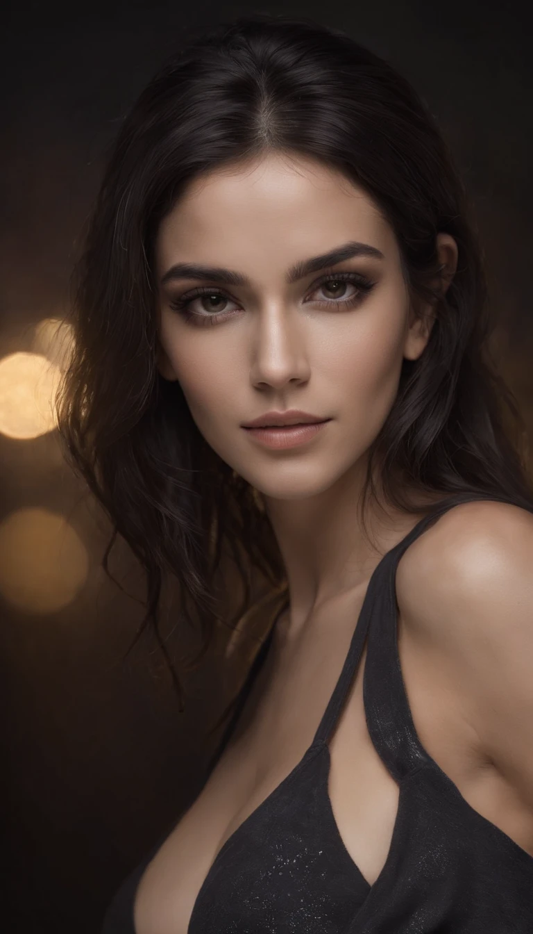 mulher guerreira ciborgue bonita no estilo RustMagic, aumento cyberpunk, Cyber Software, ciborgue, fibra de carbono, cromar, Implantes, metal skull, Cyber Plate Armadura, (atmosfera escura:1.2), (nevoeiro & smoke billowing), (It's dark night:1.3), cicatrizes, (medium length shaggy dark hair:1.1), (Sombras:1.1), (brilho lindamente detalhado:1.2), (Cinematic lighting), Talhistas intrincadas, alta resolução, olhos arredondados, detailed facial features, foco nítido, liso, aesthetic, Detailed dark background of industrial factory, pose estilosa, Dinamismo, (dramapaint)
