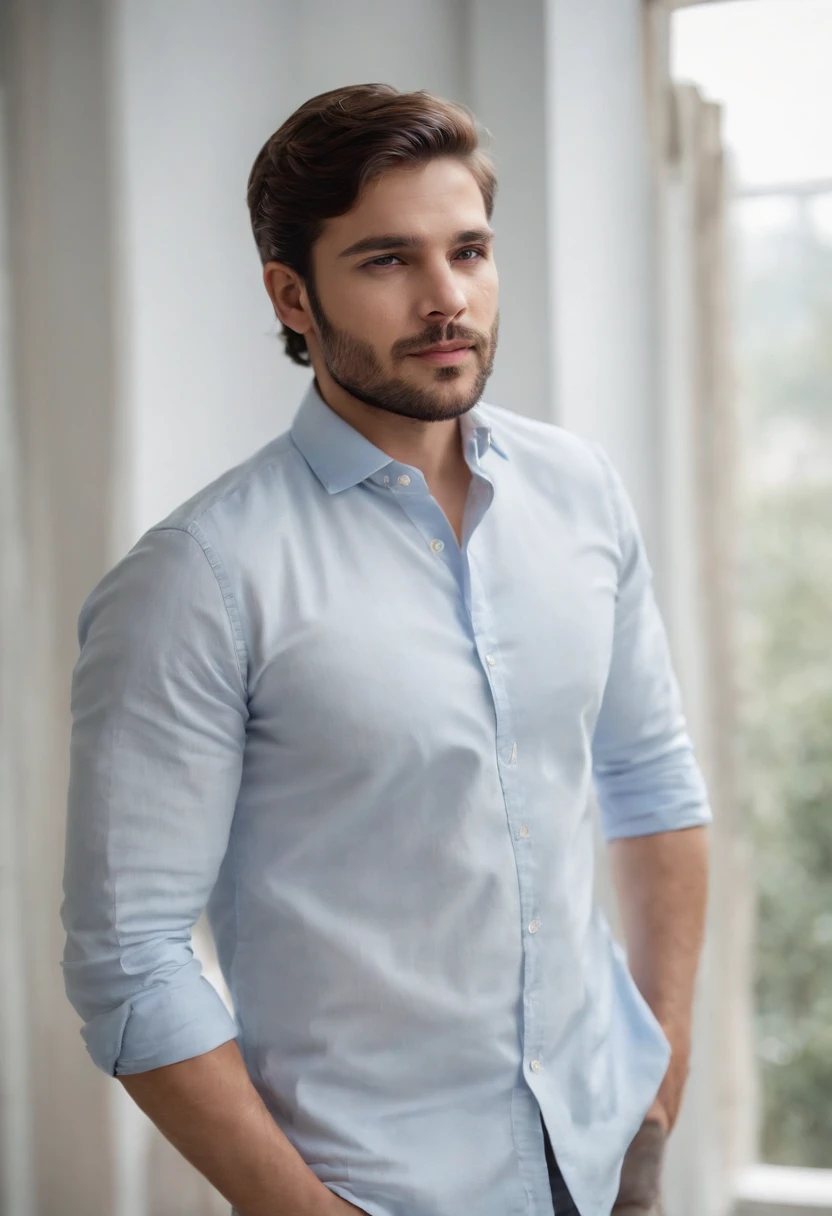 Menino de 25 anos, camisa branca,cabelo sedoso e desarrumado, barba clara, looking in camera, Meio Corpo,Pose reta, perfect lighting, sombra profunda, best quality, masutepiece, 超A high resolution, fotorrealista, Average body type,