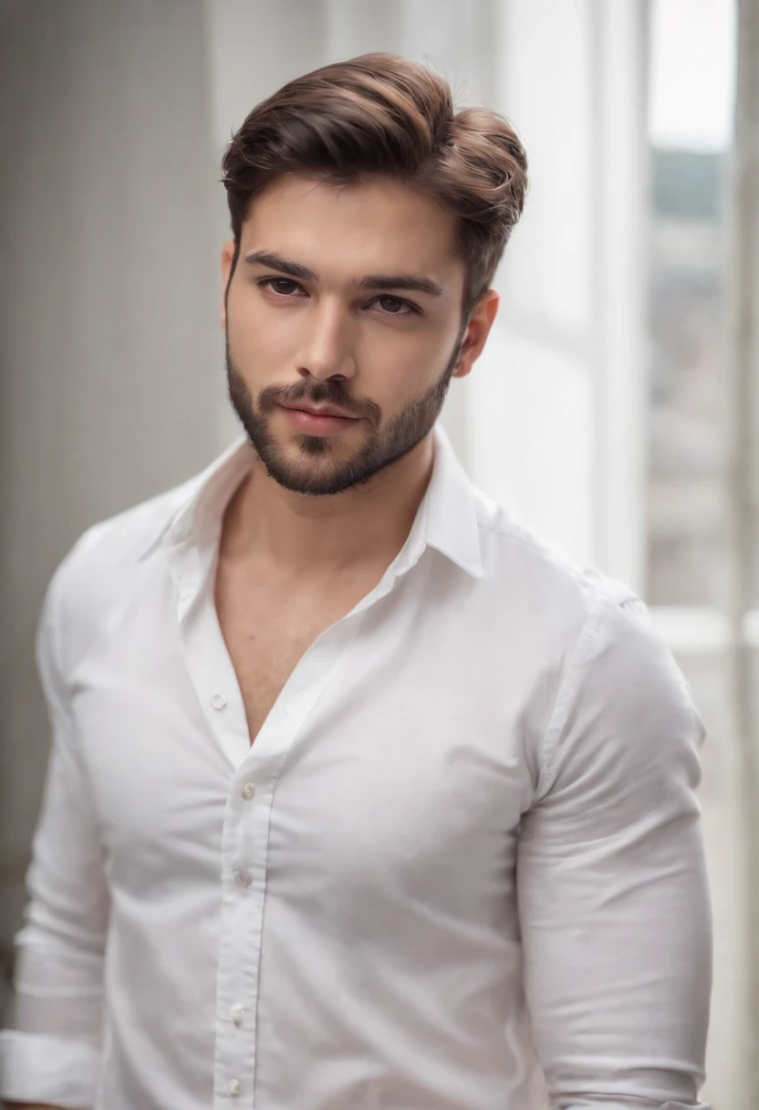 de 25 anos, camisa branca,cabelo sedoso e desarrumado, barba clara, looking in camera, Meio Corpo,Pose reta, perfect lighting, sombra profunda, best quality, masutepiece, 超A high resolution, fotorrealista, Average body type,