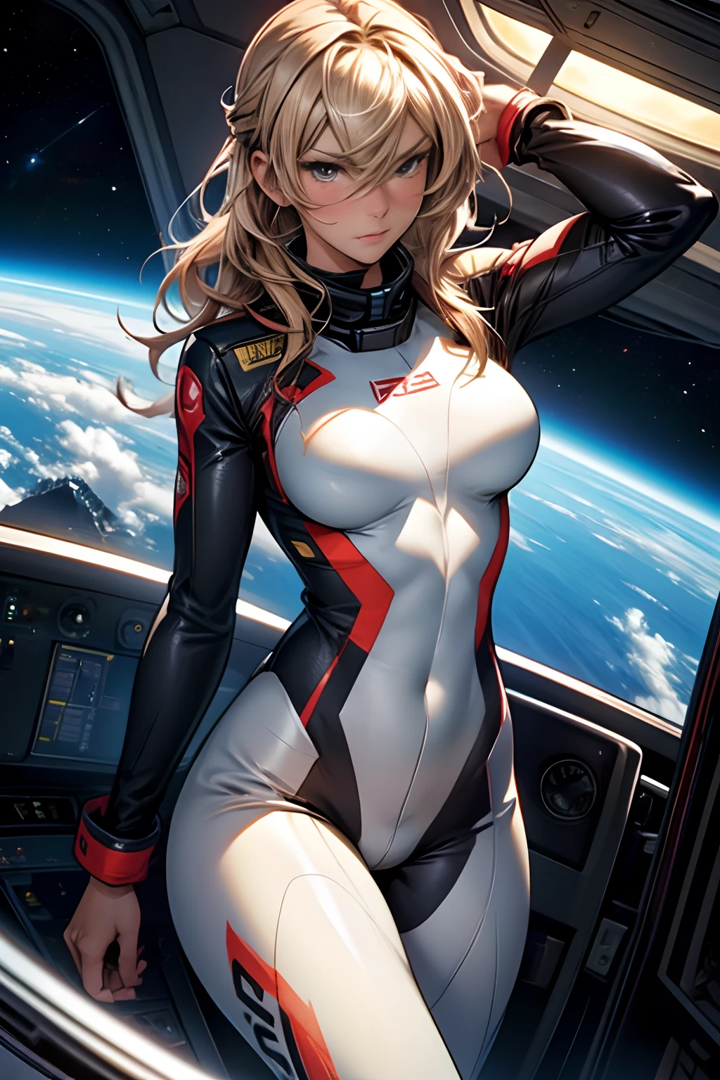 sandy hair fit body large breasts slender thighs slender waist pilot suit solo looking at viewer in space long hair blushing determination