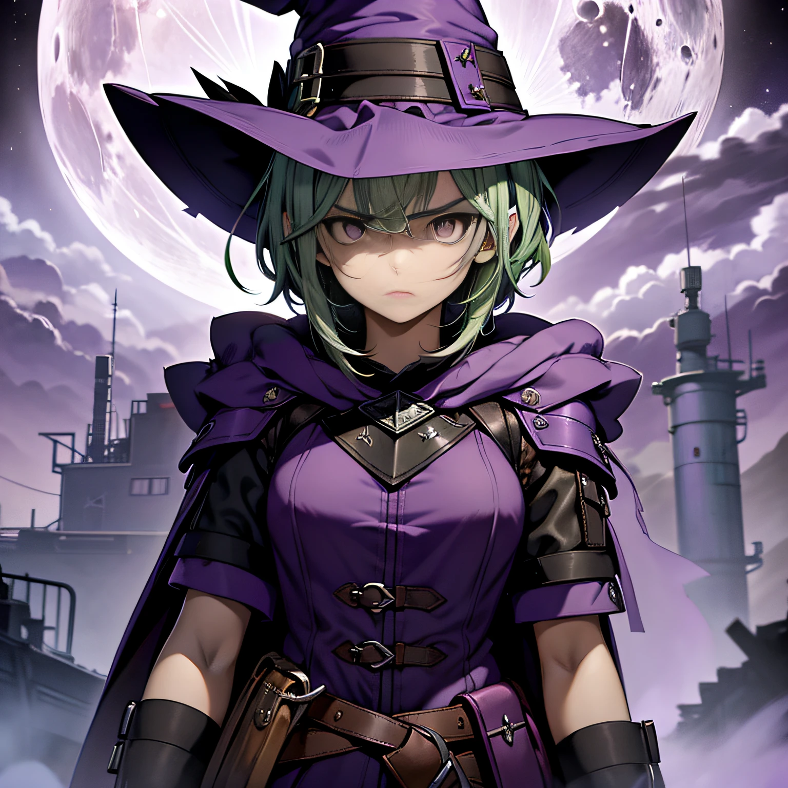 top-quality、extremely delicate and beautiful、(A girl)、Purple Eye、Green hair、short-haired、(purple witch hat)、Purple tie、Tactical Vest、Soio、shortsleeves、Purple skirt、Purple Wizard Robe、Navel、is standing、Facing the front、Expression of hatred、Full moon night on background、Only eyes