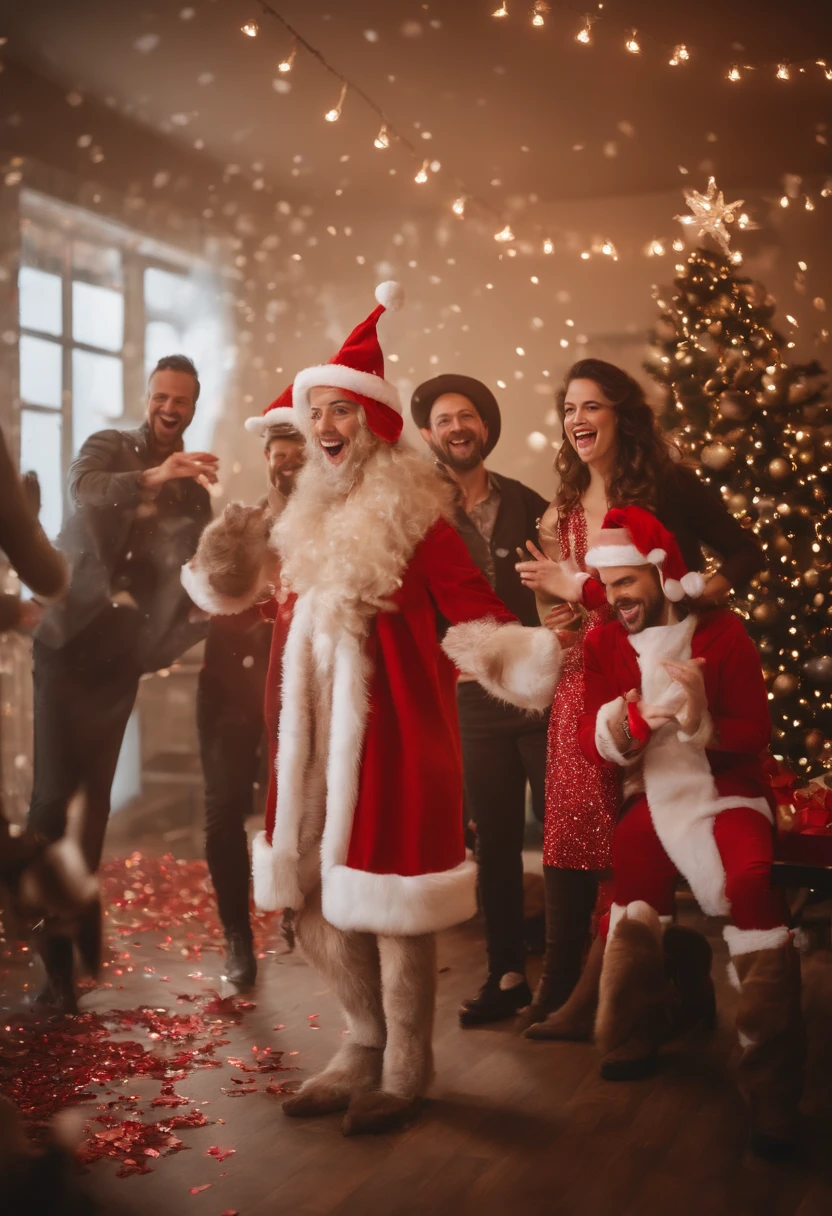 New Year's corporate party in a marketing agency. Cheerful atmosphere, two men in Santa hats exploding clappers, with them women in dresses and cowboy hats. One man behind them in a rabbit costume, the second man behind them in a reindeer costume, total of 7 people in the picture. You can see a Christmas tree in the background, with confetti flying in the air.