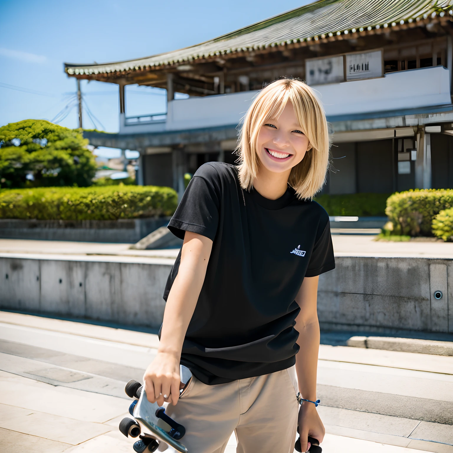 a black T-shirt a blond skater Smiling smile Okinawa