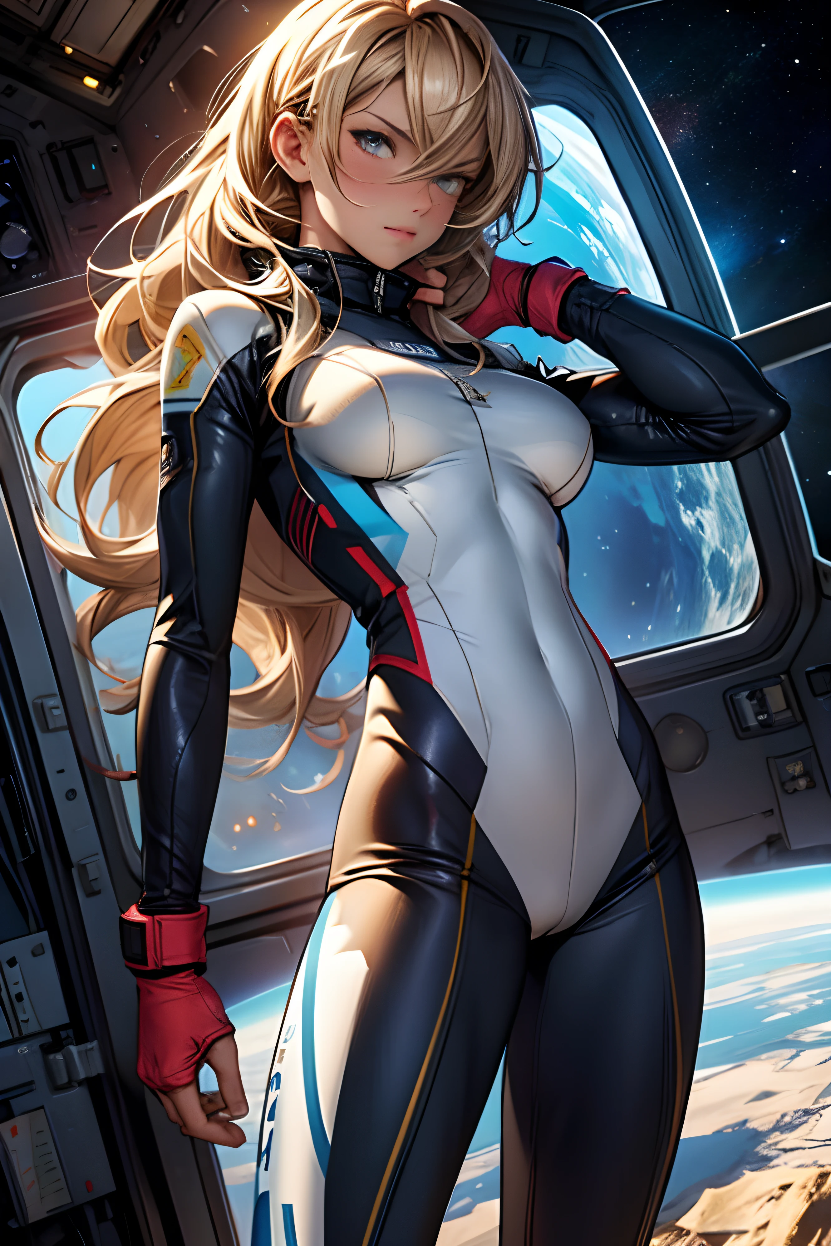 sandy hair fit body large breasts slender thighs slender waist pilot suit solo looking at viewer in space long hair blushing determination