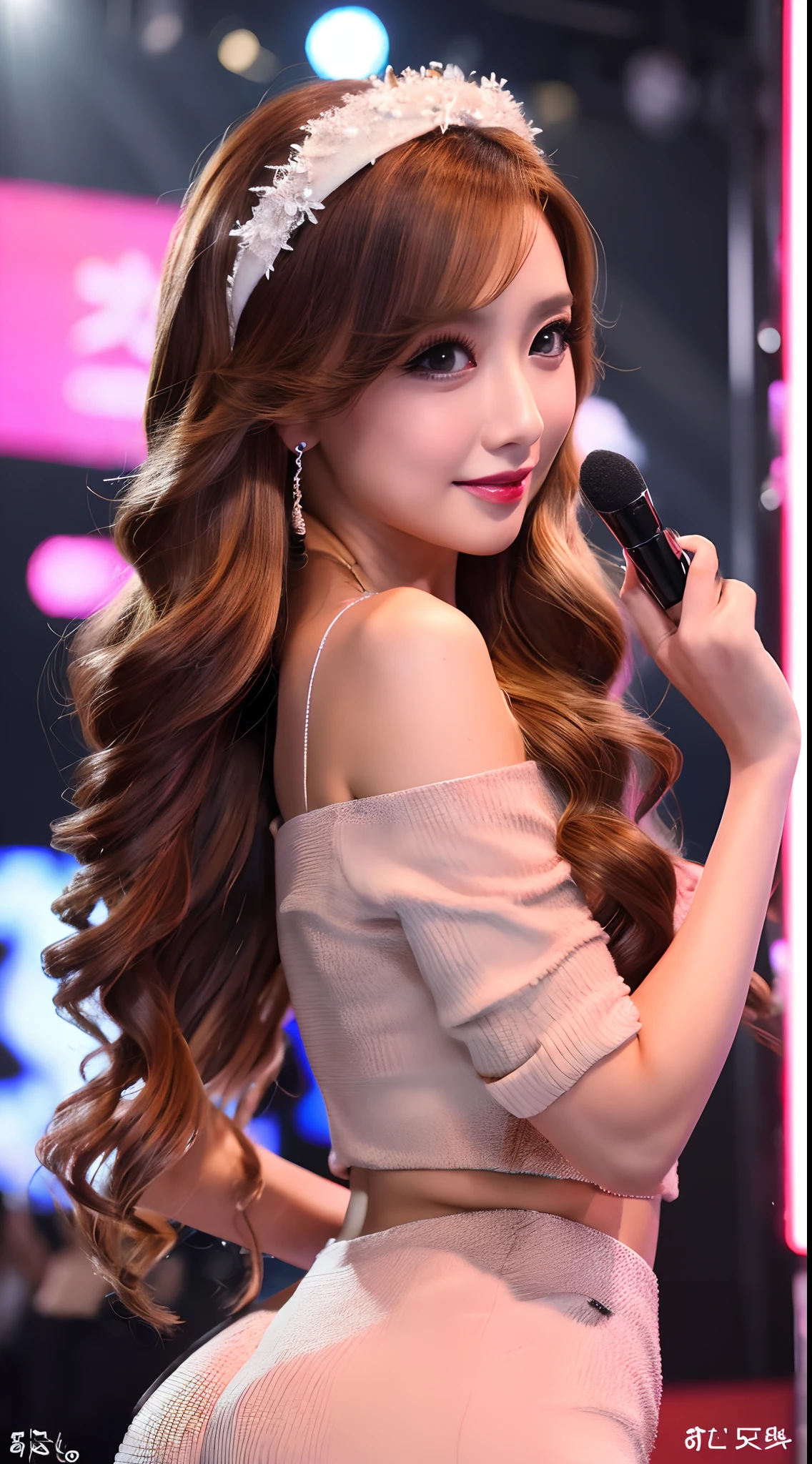 Masterpiece、Top image quality、8K、top-quality、Professional photographer、profetional lighting、Professional makeup artist、Looking at the camera、japanes、modeled、Event Companion、huge tit、glamorous、A sexy、Brown hair semi-long wave hair、motor show、Race Queen Costumes、Garrison Cap、(Appeal to the audience in sexy poses while bathed in gorgeous lighting on a special stage。)