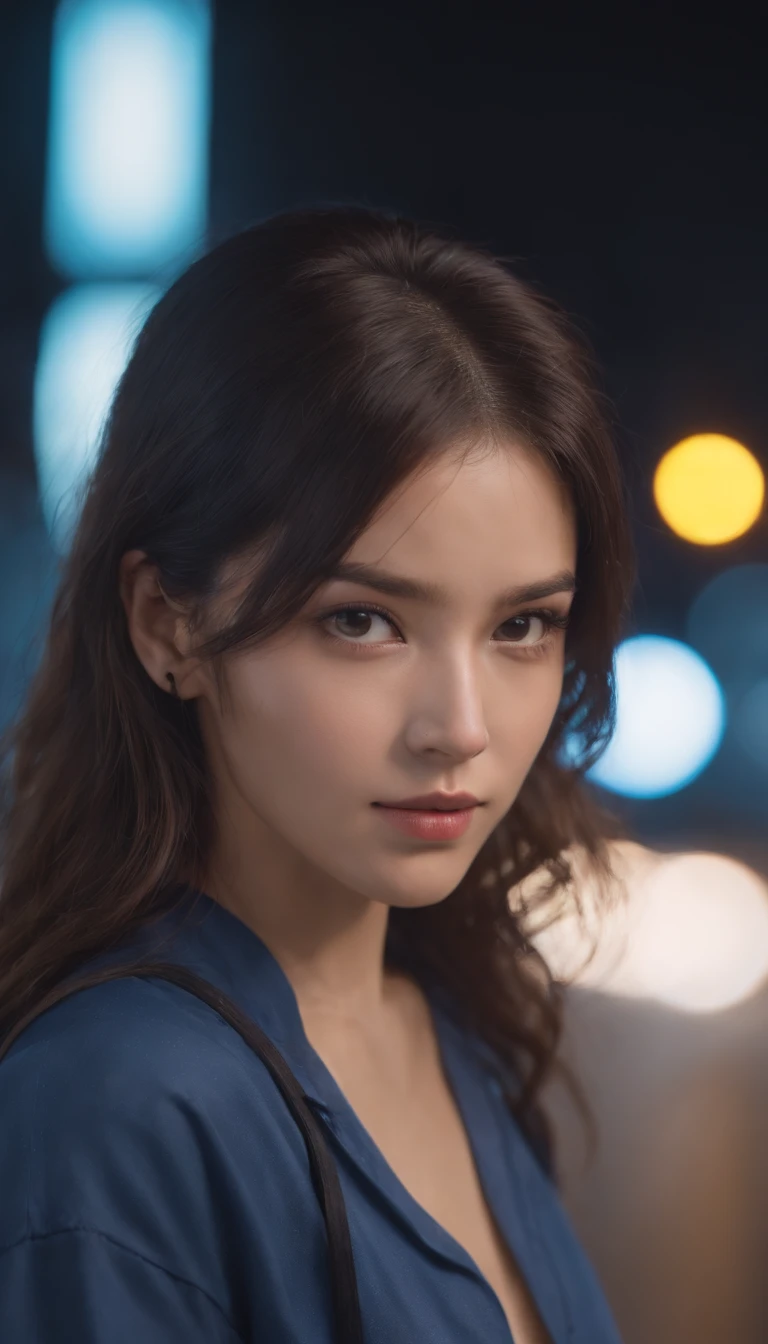 (8k, Foto RAW, master part:1.3), (Realistic, photo-realistic:1.37), (Noite), (Olhando para o Viewer:1.331), (cabelos brancos), Posando, Tokyo street, Paisagem noturna da cidade, CIDADE CYBERPUNK, luz suave, 1girl, rosto extremamente bonito, busto, put down hands, Hairstyle Random, random expression, olhos grandes, lower abdomen, (de manga curta .JK_camisa), JK_Estilo, (azul escuro JK_saia), (arco JK_amarrar), mistura4., best quality