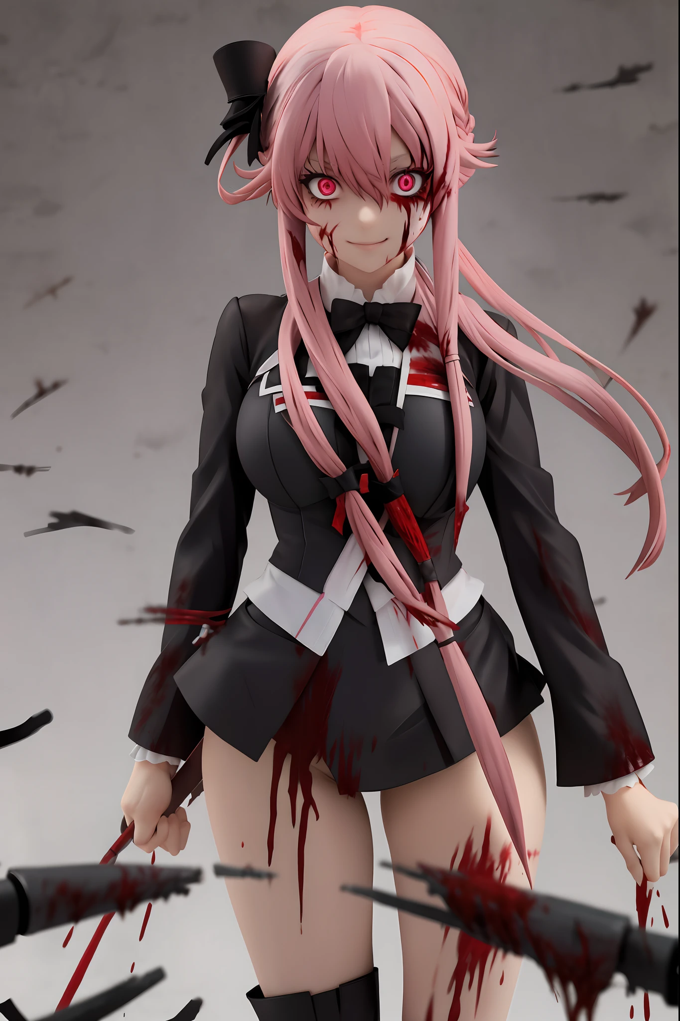 yuno gasai, long hair, pink hair, smile, low twintails, yuno gasai, (Black, Lilien Tailcoat Black Pure Rose:1.37), (large breasts:1.5), 1girl, red eyes, (night:1.1), (evil eyes:1.1), Ladies Lace Up Boots, blood, (black trousers:1.1), (out door:1.5), (top hat:1.5), (evil:1.5), jack the ripper, (blood on body:1.5), (evil eyes:1.4), 4k, 8k, killing, best quality, masterpiece