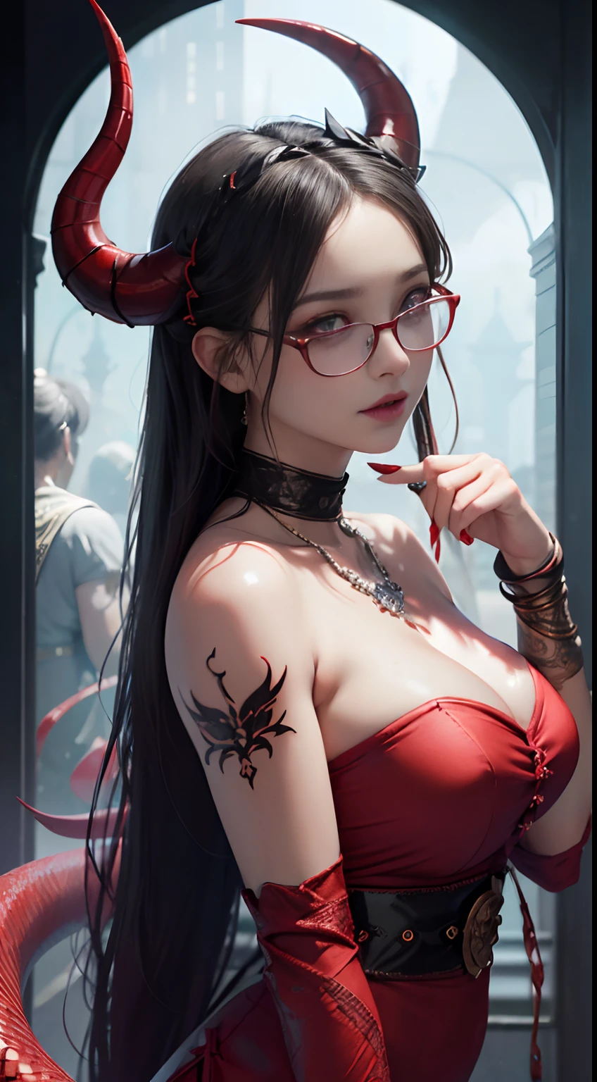 Fine、(The best illustrations)、8k UHD resolution、intricate-detail、top-quality、realisitic、ultra-detailliert、The best lighting、Best Shadows、Soft lighting、Ulutra HD、Ultra-realistic、Tindall Effect、Photorealsitic、(High Detail Skins:1.2)、 (Intricate details, makeup, pureerosface_v1:0.5), (Detailed beautiful delicate face, Detailed beautiful delicate eyes, A perfectly proportioned face, High detailed skin, Detailed skin, best ratio four finger and one thumb, arms below breasts, Tattoo with a red glow under the stomach、Awesome awesome, wide hips, smooth midriff, skiny and thin, __Fashion__, __hair__:1.25)、Digital SLR、 absurderes、1 beautiful devil woman from hell, surreal female portraits by David Hockney and Alphonse Mucha, Seductive Woman、Fantasy Art, Chinese Doll、Chinese actress、Dungeon、The dragon、Devil's Palace、Devil's Torture Chamber、natta、Dark style 、In the Dark、(Detailed spooky backgrounds:0.8), magia、 女の子1人、Evil Nun、Dark Necromancer、Succubus、Devil's Daughter、Umi Shinonome、Bat Wings，(((Demon Horns)))、 ((((Huge glasses, Otaku Glasses, thick glasses, Round glasses)))),(((Colossal tits)))、(Devil's Tail)、(red eyes glowing:1.6)、red eyes make up very sharp and detailed, The eyes are very well made up, ((Red Eye:1.0)),intricate tattoos, demonic intricate tattoos, thigh tattoos, body tattoos, ​masterpiece、The most beautiful face、a baby face、Charming smile、plump beautiful red lips、Muscular seductive body、The enchanting body of the devil、devil style、Seductive Black Magic Costume、(((A shiny red snake is wrapped around her body)))、Longhaire、Braids、Black hair、Ponytail distortion、, Ponytail with a bow tied at the back of the hair, Beautiful expression、Body Up、Large breasts emphasis、Bust,  Super tight breasts, Breast augmentation surgery, The breasts are very big and round and round,Toned waist、Wide buttocks、 lowkey, cowboy lens, (red phoenix dress: 1.0),  devil crown,  Red sparkling gemstone necklace、Jewelry Gwise,  wearing black mesh socks,wearing a thin red and black robe, Hands p