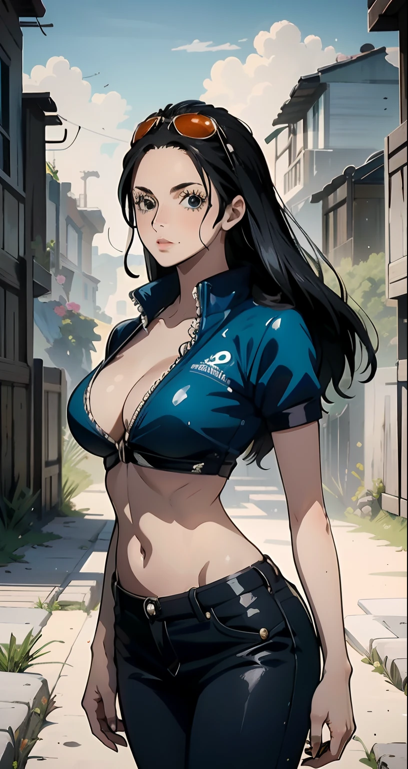 La mejor calidad, Obra maestra, realista, fotorrealista, 1girl, solamente, Nico Robin, One piece, Mirando al espectador, cuerpo completo, En pie, Cabello largo, Disfraz de cosplay de Nico Robin, cosplay, ojos celestes, bodysuit, adorno para el cabello, Antecedentes detallados, en la calle, Dia Playa, luz, lluvia, Anime, Escote