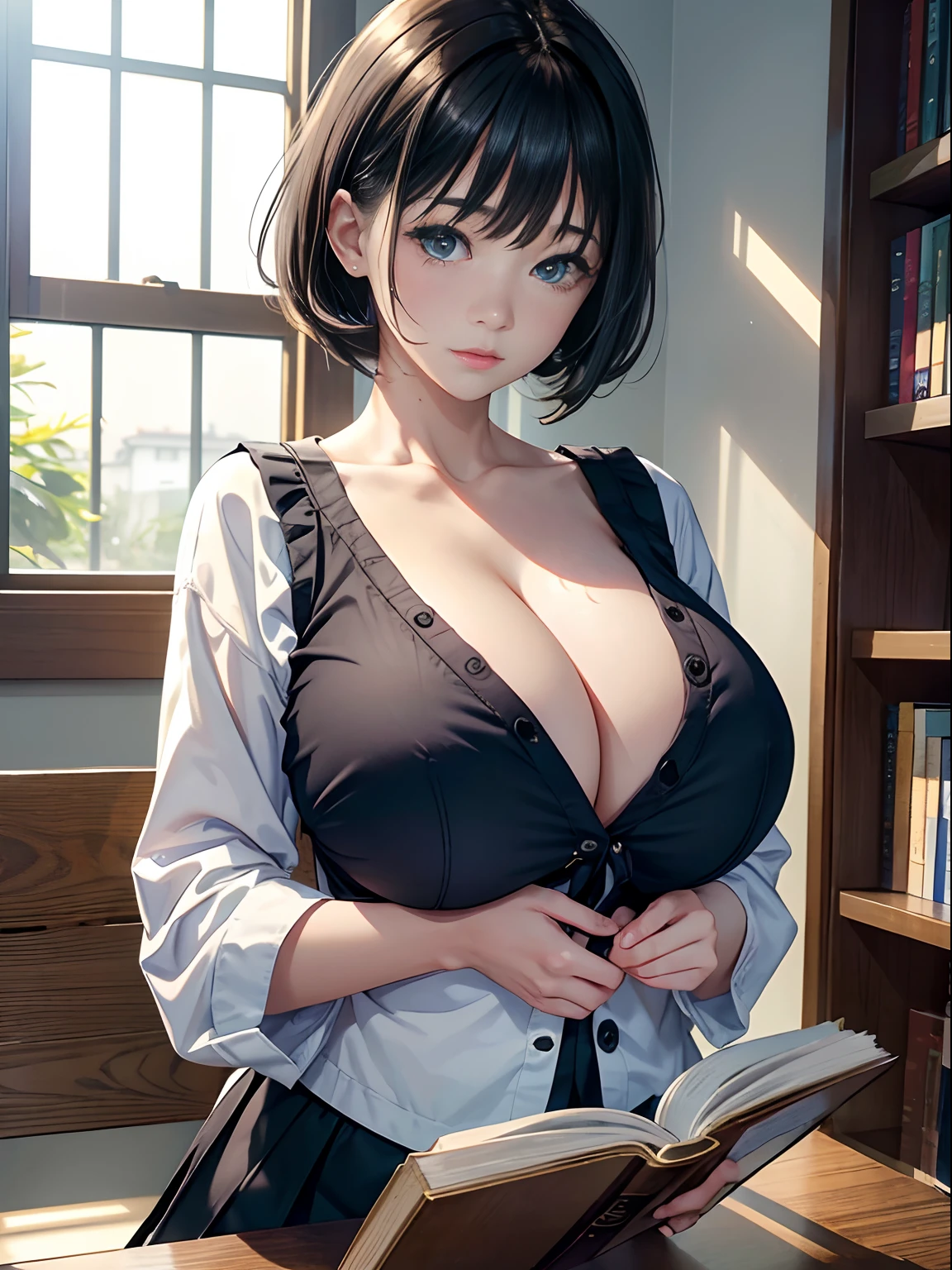 A teenage girl、(masterpiece:1.4)、(in 8K、realisitic、Raw photo、top-quality:1.4)、(Real Face:1.4)、(real looking skin:1.3)、超A high resolution、A hyper-realistic、Eyes in Beautiful Details、black hair shorthair、a sailor suit、no-bra、high detailing、(huge-breasted:1.5)、gargantilha、atlibrary、Reading a book