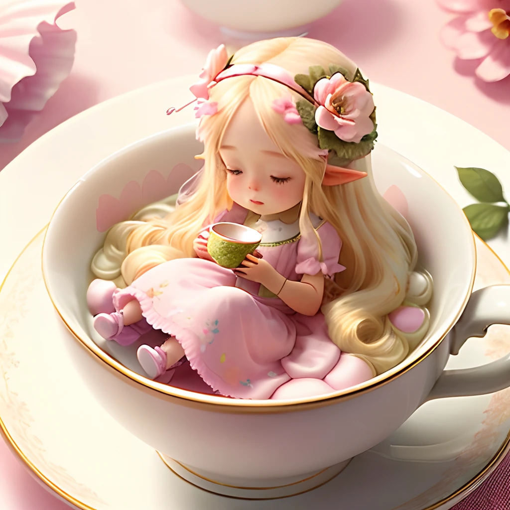 A tiny fairy with long blonde hair decorated with flowers, wearing a pastel pink dres sitting on a pink tea cup,