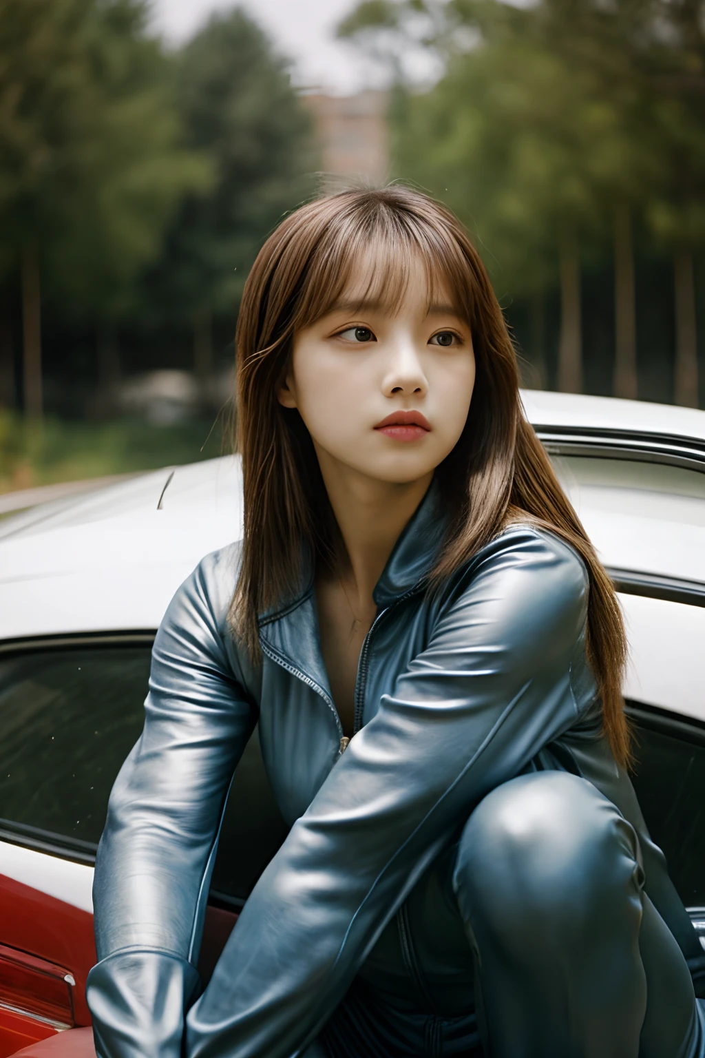 masterpiece、4K、top-quality、beautiful Korean women、detail portrayal、1 girl in、23years old、(Catsuit、razor:1.2)、car park、(filmg, Ilford HP5, 80mm)、 depth of fields、cowboy shot、a cool、tits out