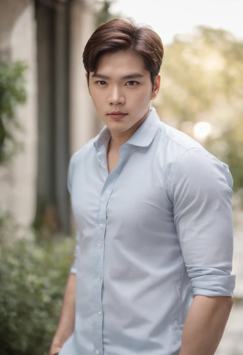 de 25 anos, nacionalidade coreano camisa branca, cabelo sedoso e desarrumado, barba clara, looking in camera, Meio Corpo,Pose reta, perfect lighting, sombra profunda, best quality, masutepiece, 超A high resolution, foto realista, Average body type,