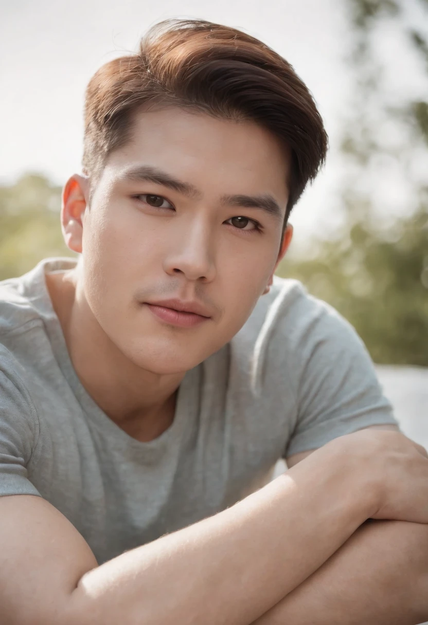 de 25 anos, nacionalidade coreano camisa branca, cabelo sedoso e desarrumado, barba clara, looking in camera, Meio Corpo,Pose reta, perfect lighting, sombra profunda, best quality, masutepiece, 超A high resolution, foto realista, Average body type,