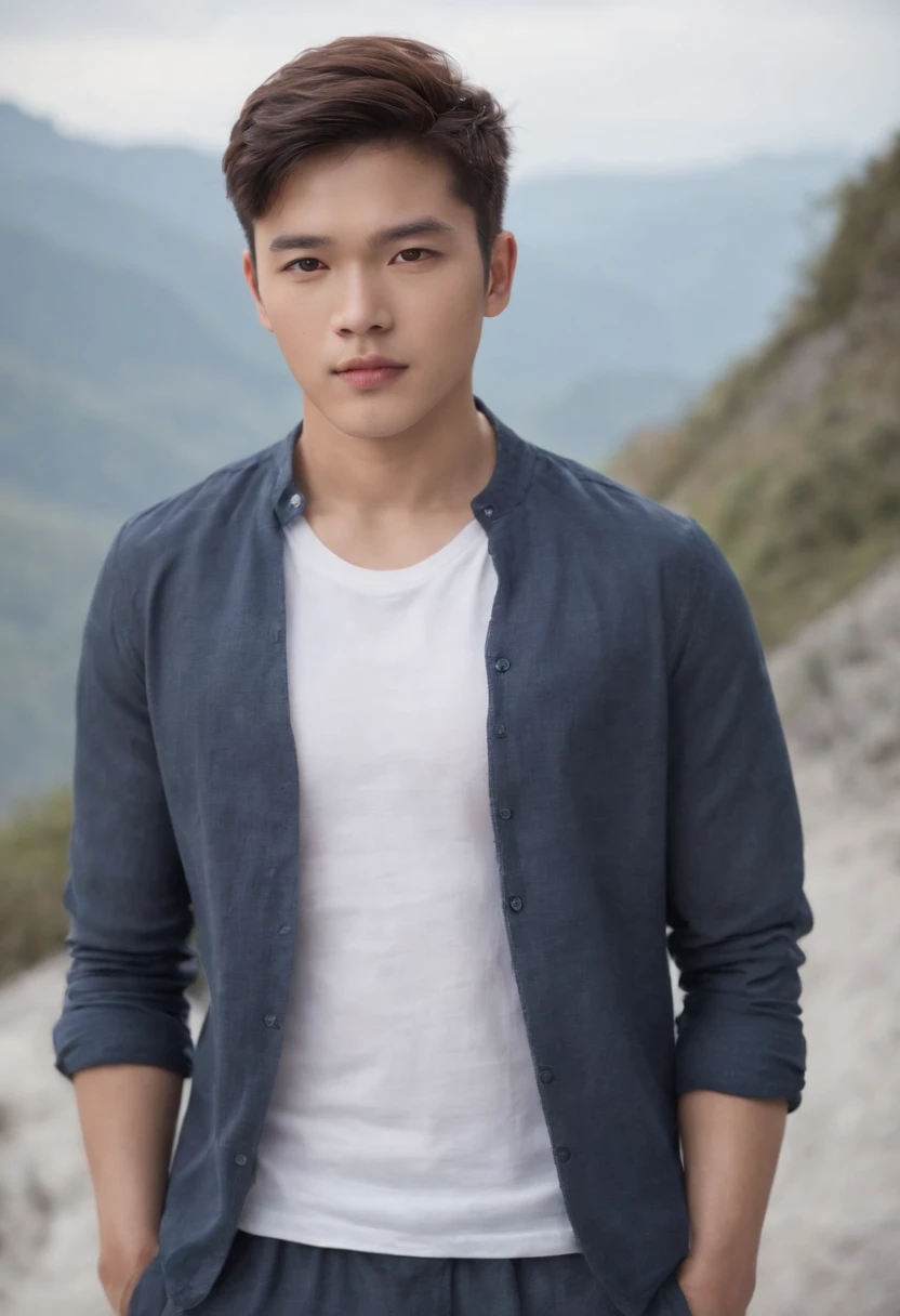 Menino de 25 anos, nacionalidade coreano camisa branca, cabelo sedoso e desarrumado, barba clara, looking in camera, Meio Corpo,Pose reta, perfect lighting, sombra profunda, best quality, masutepiece, 超A high resolution, foto realista, Average body type,