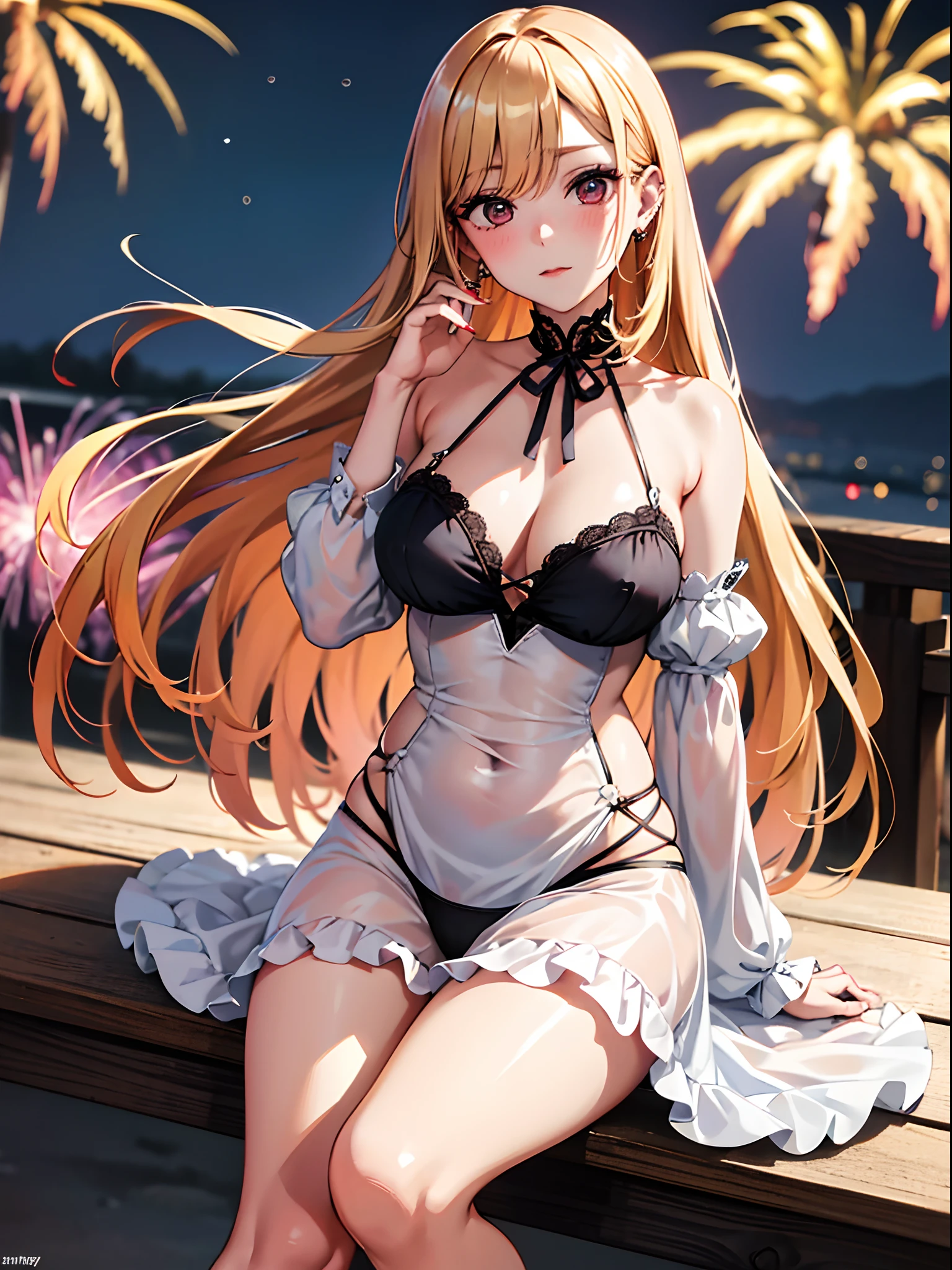 hight resolution, absurdres, best_Quality, Ultra_Detailled, 8K, extremely_clear, photo, beautiful, Beautiful face, Scharp Focus, HDR, 1girl, Clean eyes, very wide-eyed,sitting in front of an firework,hanabi , at night, Beautiful face , very seductive pose, very young,victorian styled negligee, Blond long hair with red pointys, pierced ears