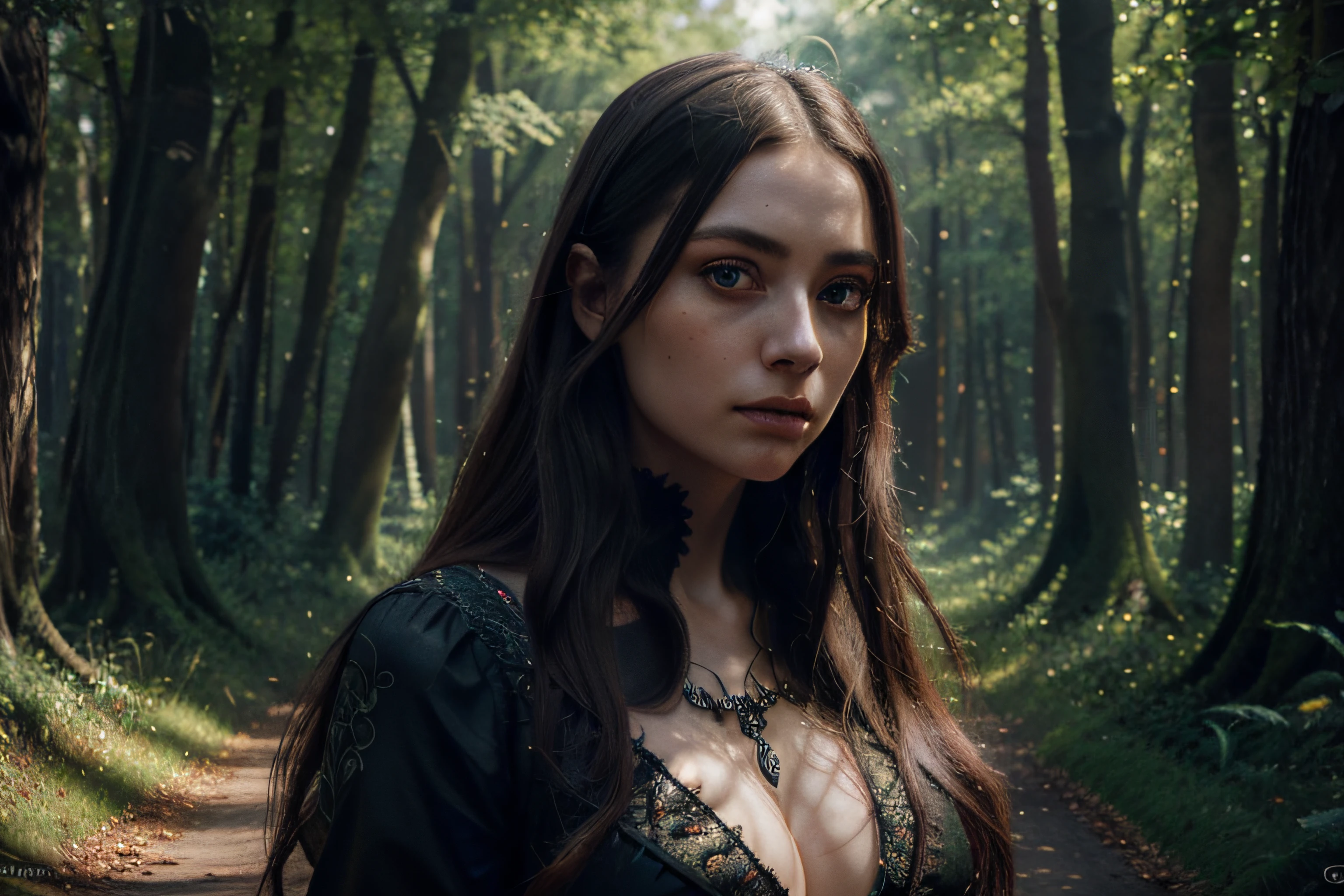 Lady Opal, a young woman, (closed mouth), waist high portrait, ((hyperdetailed eyes)), forest in background, concept art by greg rutkowski, Detailed face, hyperdetailed intricately detailed gothic art triadic colors, gothic deviantart masterpiece, calligraphy, acrylic, watercolor art, professional photography, natural lighting, complex, elegant, expansive, fantastical, 8k resolution, HW*