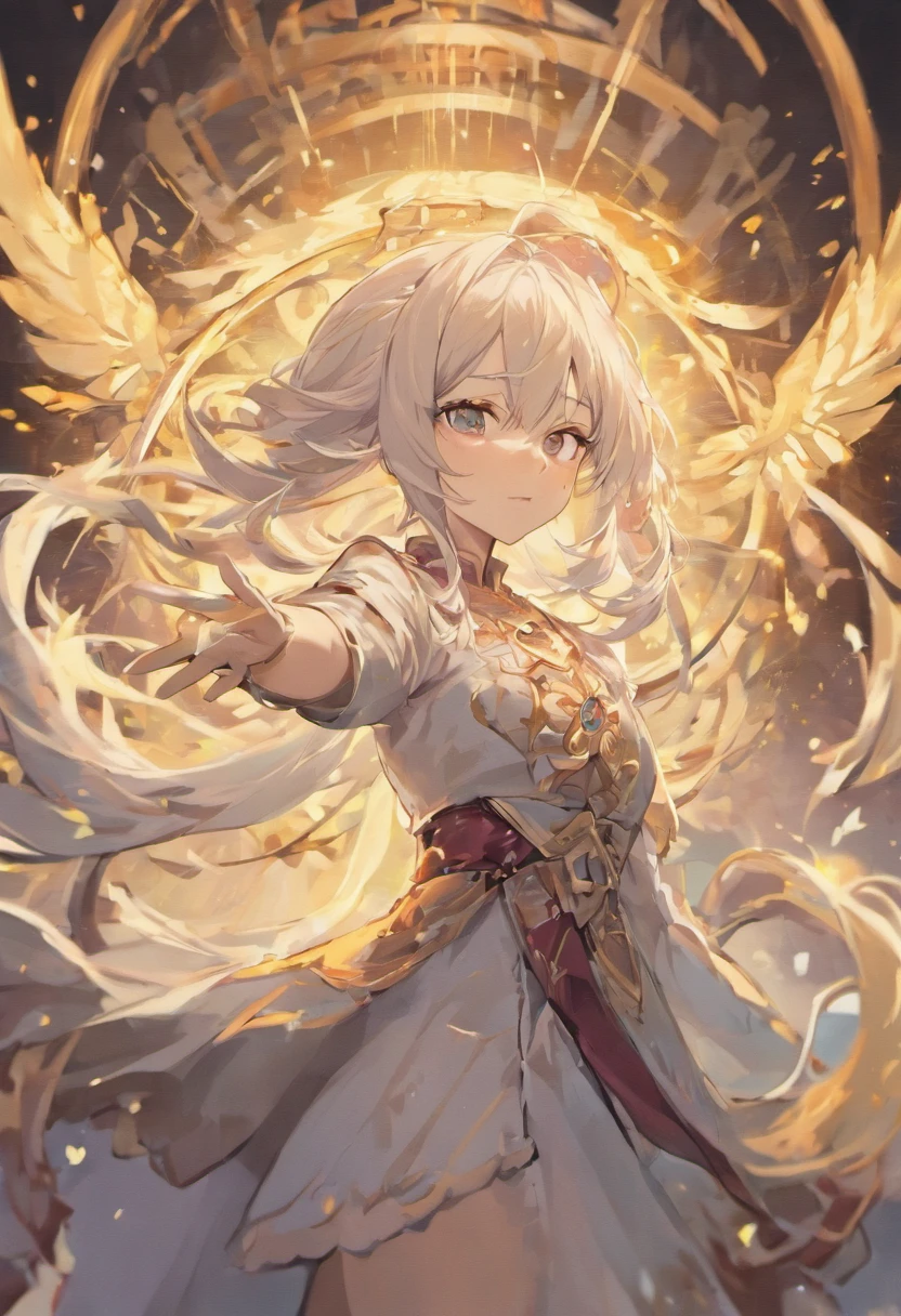 The hair is silvery-white，Feel free to drape，It's like mercury pouring down，The eyes are beautiful dark red。What he wears，An elegant dress similar to black，The gold ornamentation on it shows the indescribable dignity，Like a sage who pursues knowledge and truth。