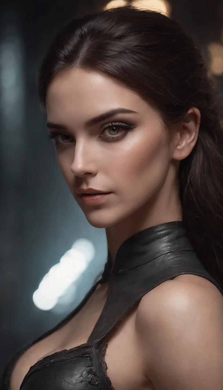 Beautiful cyborg warrior woman in rusty magic style, Aumento Cyberpunk, Cyber Software, ciborgue, fibras de carbono, cromar, Implantes, metal skull, Cyber Plate Armadura, (atmosfera escura:1.2), (nevoeiro & smoke billowing), (It's dark night:1.3), As cicatrizes, (shaggy medium length dark hair:1.1), (sombras para os olhos:1.1), (brilho lindamente detalhado:1.2), (Cinematic lighting), detalhes intrincados, A high resolution, olhos arredondados, detailed facial features, foco nítido, liso, aesthetic, Fundo escuro detalhado da planta industrial, pose estilosa, dynamicposes, (dramapaint)