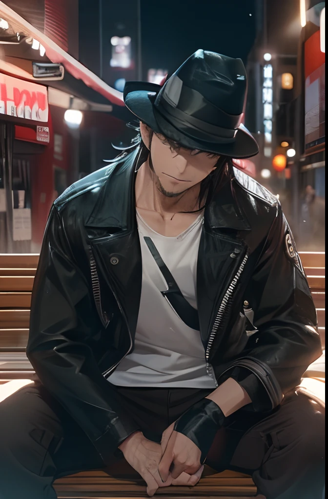 Black hat、Black ten-gallon hat、short beard、Ear-piercing