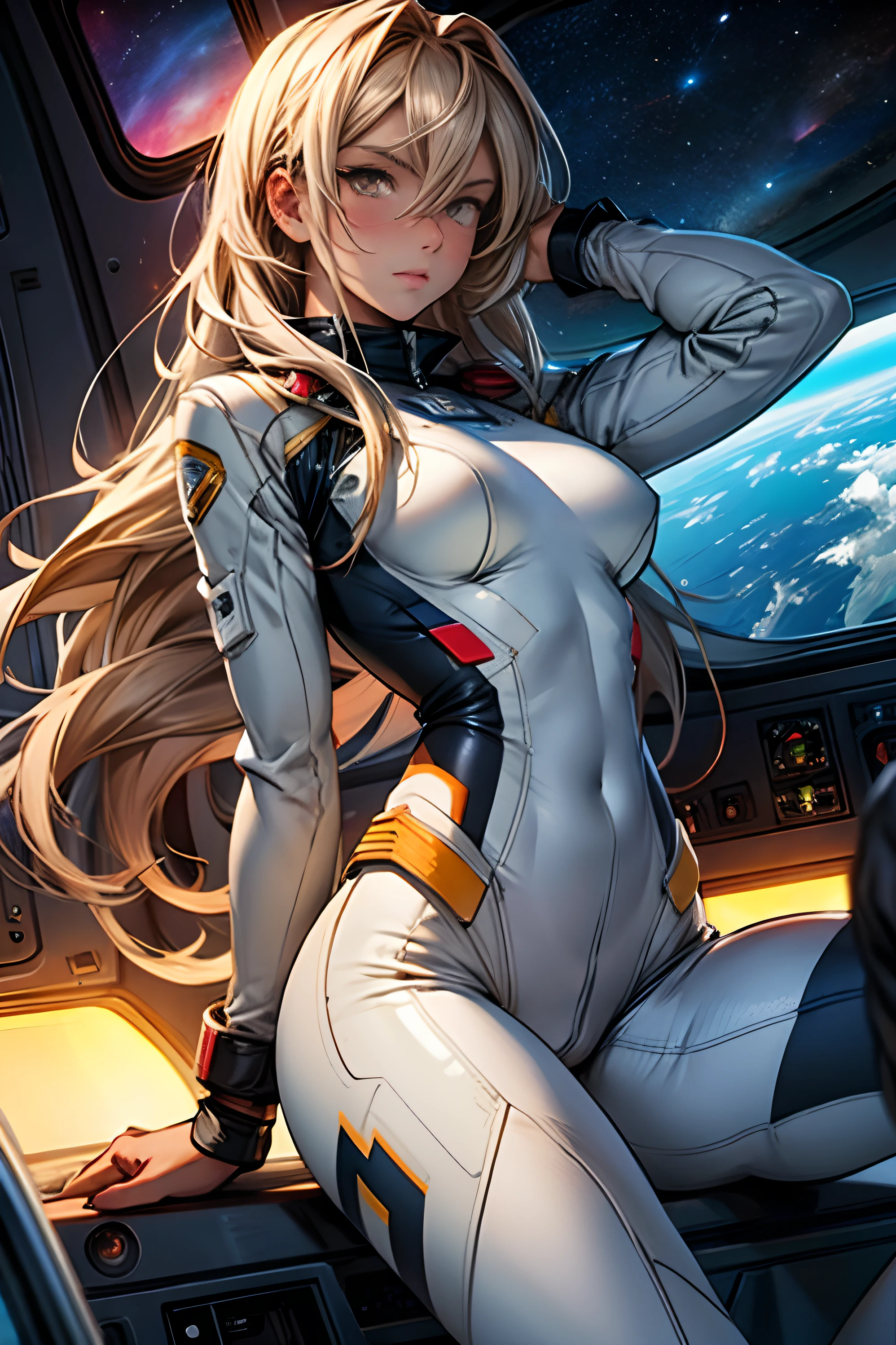 sandy hair fit body large breasts slender thighs slender waist pilot suit solo looking at viewer in space long hair blushing determination
