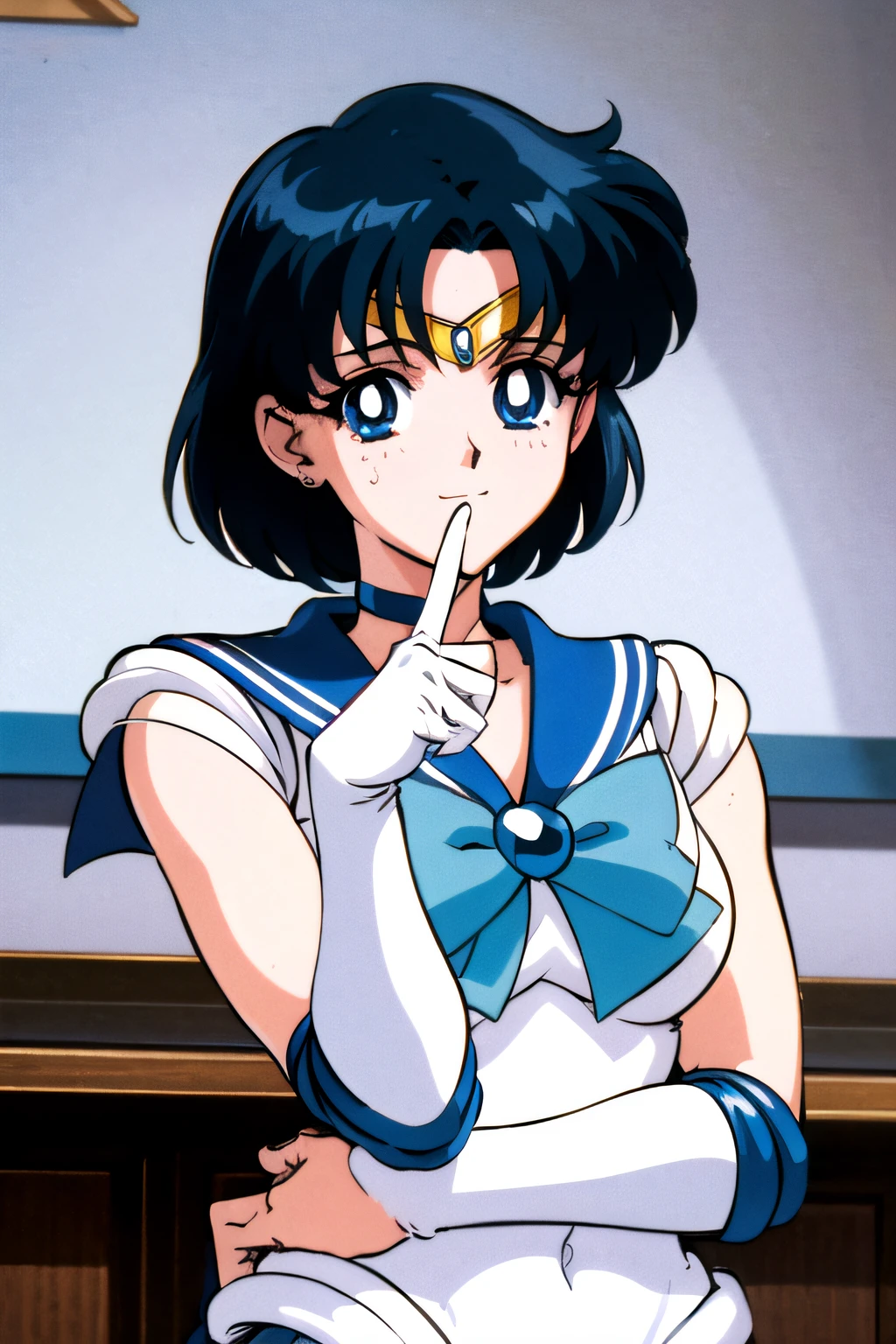 (top-quality:1.3), (​masterpiece:1.4),(Anatomically correct), (Full limbs),(complete fingers),(Precise fingertips), (Fine details),(8K),Photorealista,Sailor Moon!!!!!!!!, Sailor Moon Style,by Sailor Moon, Sailor Senshi Uniform,(Sailor Mercury:1.25),aqua eyes, Dark green hair,Blue choker,
(Super Detail),(90s Anime, 9 0 s anime, 9 0 s anime style,anime cels, cel shaded anime),