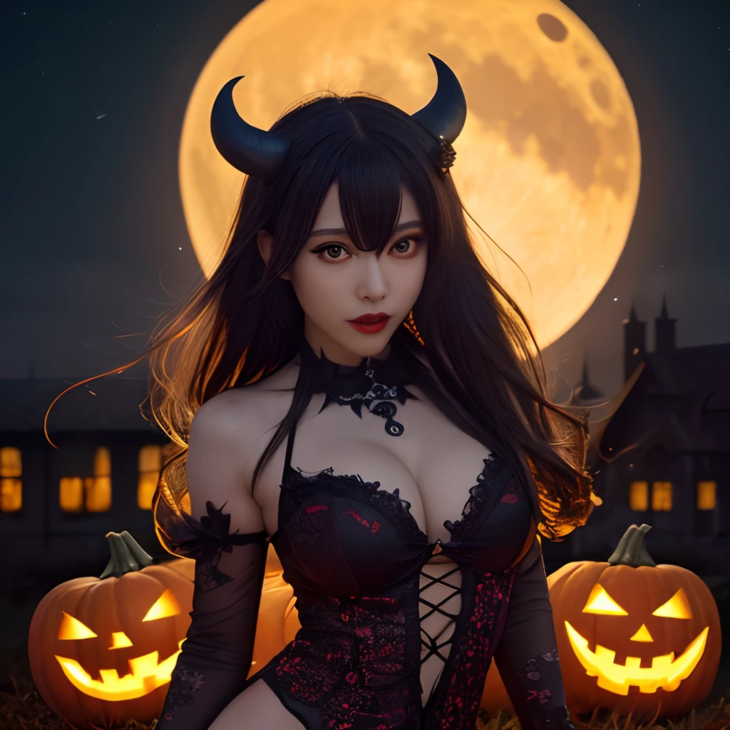 masterpiece, best quality, extremely detailed cg unity 8k wallpaper, high-quality, ultra-detailed, depth of field,beautiful detailed skin, beautiful detailed body,beautiful detailed eyes, beautiful detailed face,1 women,devil,cosplay,perfect detailed costume,Halloween,jack o lantern,pumpkin,large full moon in the background,night sky,star in the sky,