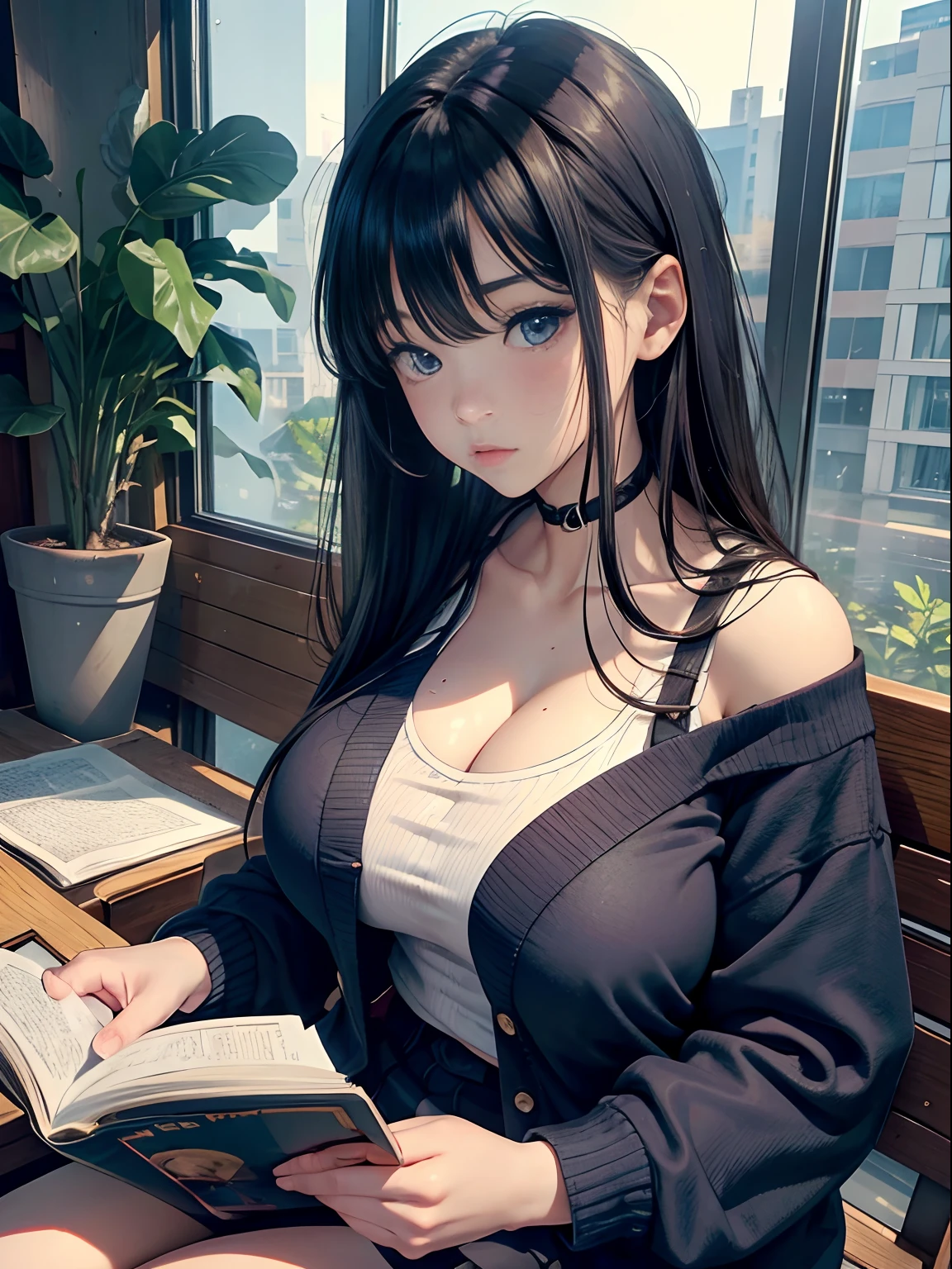 A girl、(masterpiece:1.4)、(in 8K、realisitic、Raw photo、top-quality:1.4)、(Real Face:1.4)、(real looking skin:1.3)、超A high resolution、A hyper-realistic、Eyes in Beautiful Details、Black hair long hair、cardigan、no-bra、high detailing、(huge-breasted:1.5)、gargantilha、atlibrary、Sitting and reading a book