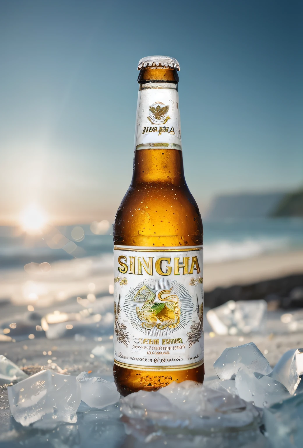 Singha beer bottles sitting on ice on the beach, sun light, A high resolution, drink, commercial product photography, high res photograph, high detail product photo, 2 5 I, Peter Singerhoff, shot with sigma f/ 4.2, shot with sigma f / 4. 2, A high resolution, hi - res, 2018