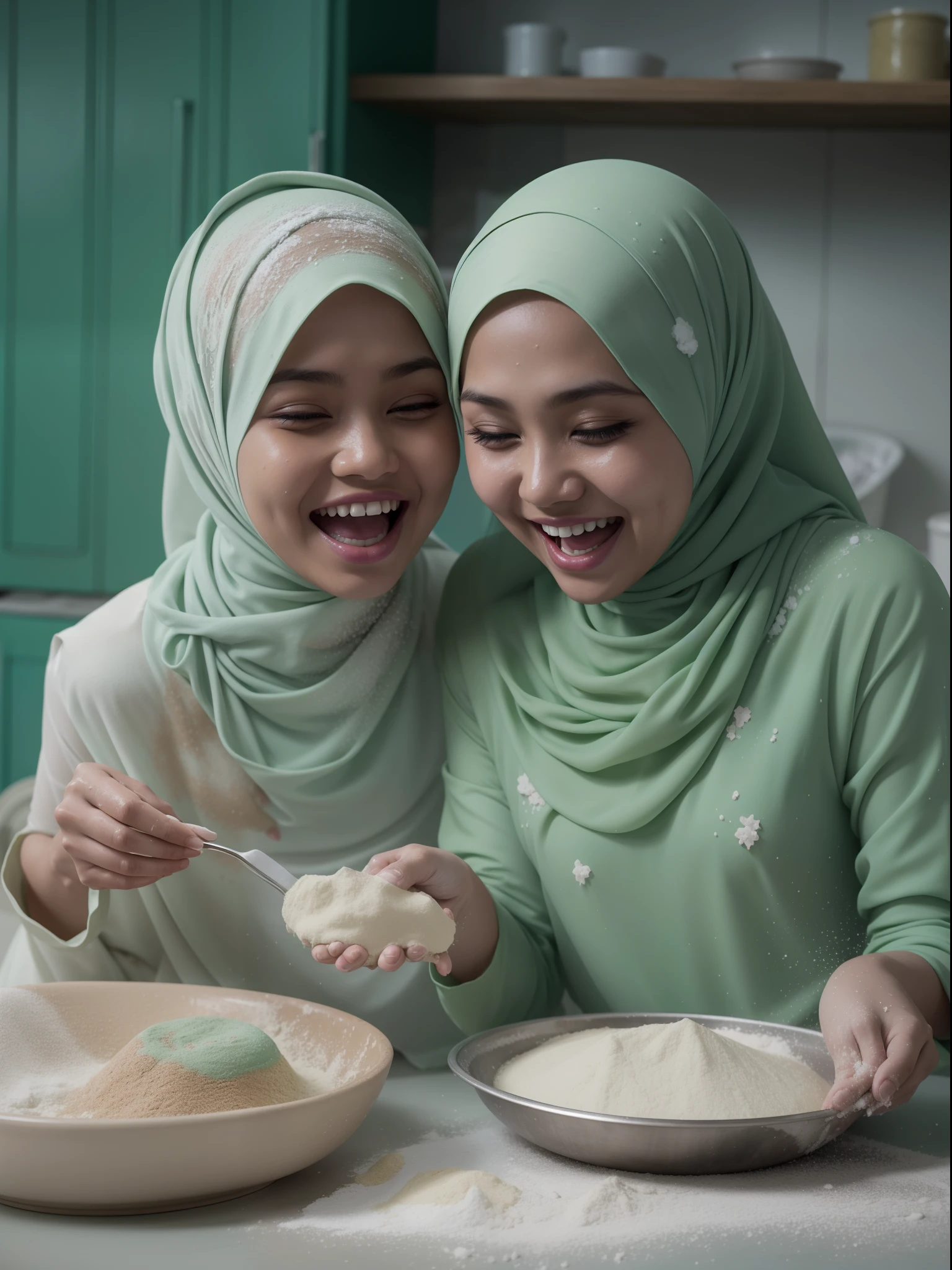 2 malay girl in hijab baking cake,wear pastel green bikini, laughing, happy, messy kitchen, flour in face and body, wet flour in body, detailed skin texture, soft lighting, smudge flour in body and face, pastel color theme, high quality, movie shot framing, ultra detail, 8k,