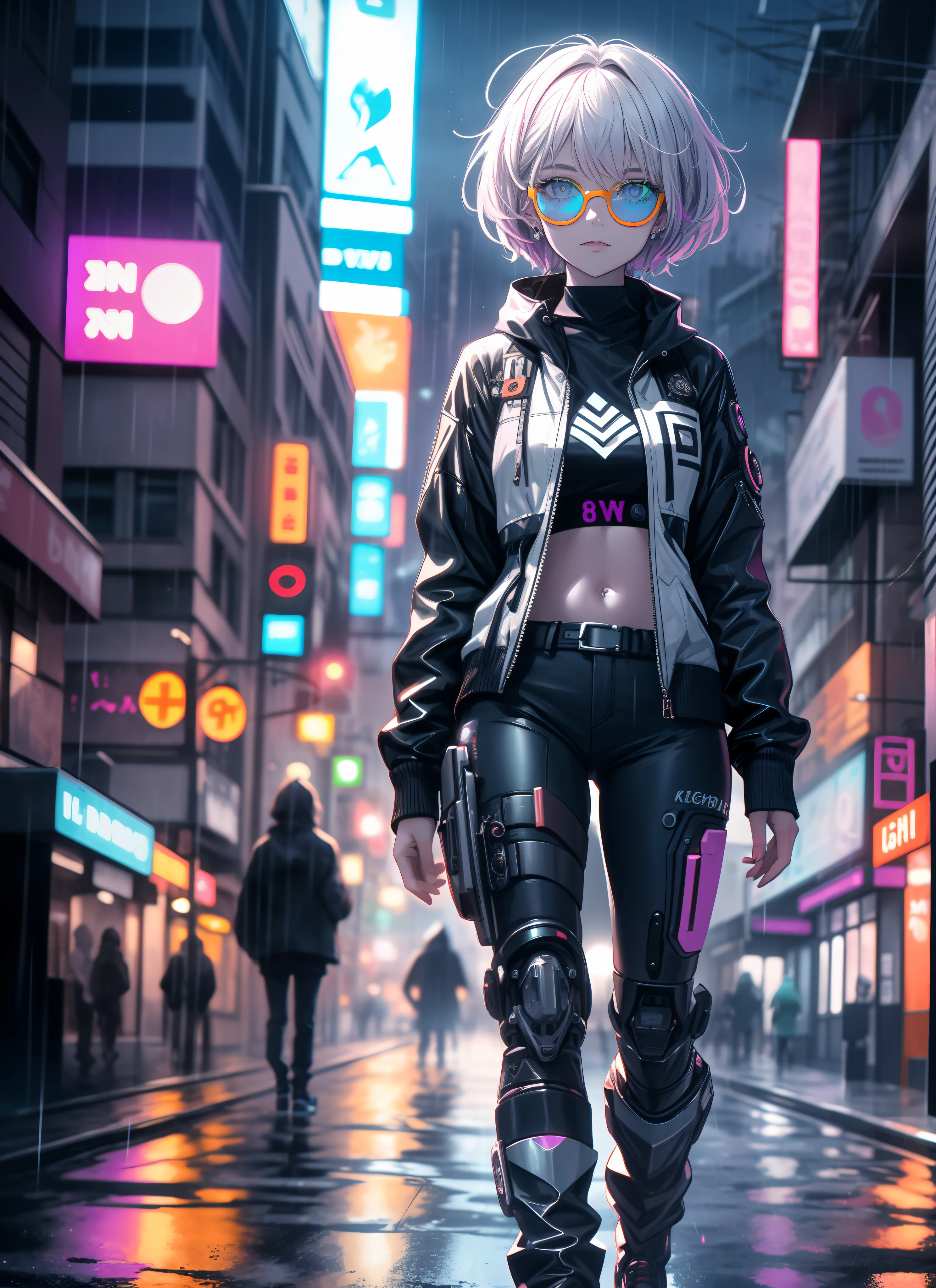 An award-winning photo of an old cyborg woman with psychedelic colors standing on a city street at night in the rain, wearing neon-colored bright glasses, 8k, (high quality:1.1), (cinematic feel:1.1), deep dark shadows, incredibly intricate details, art, (up close:1.1), from above, looking at the viewer, (light glows:1.1), (chromatic aberration, :1.2) Background with floating light artifacts