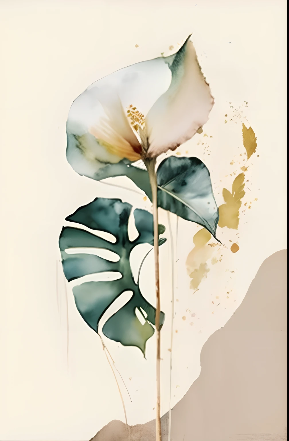 There is a painting of flowers,There is a leaf on it, botanical watercolors, elegant and refined painting, watercolor artwork of exotic, Soft watercolor. Minimalist, waterpaint art, water color art, botanical poster, Watercolor illustration style, botanical artwork, beautiful painting of a tall, canvas art print, touch of gold leaf, Watercolor painting, Watercolor painting style, aquarelle