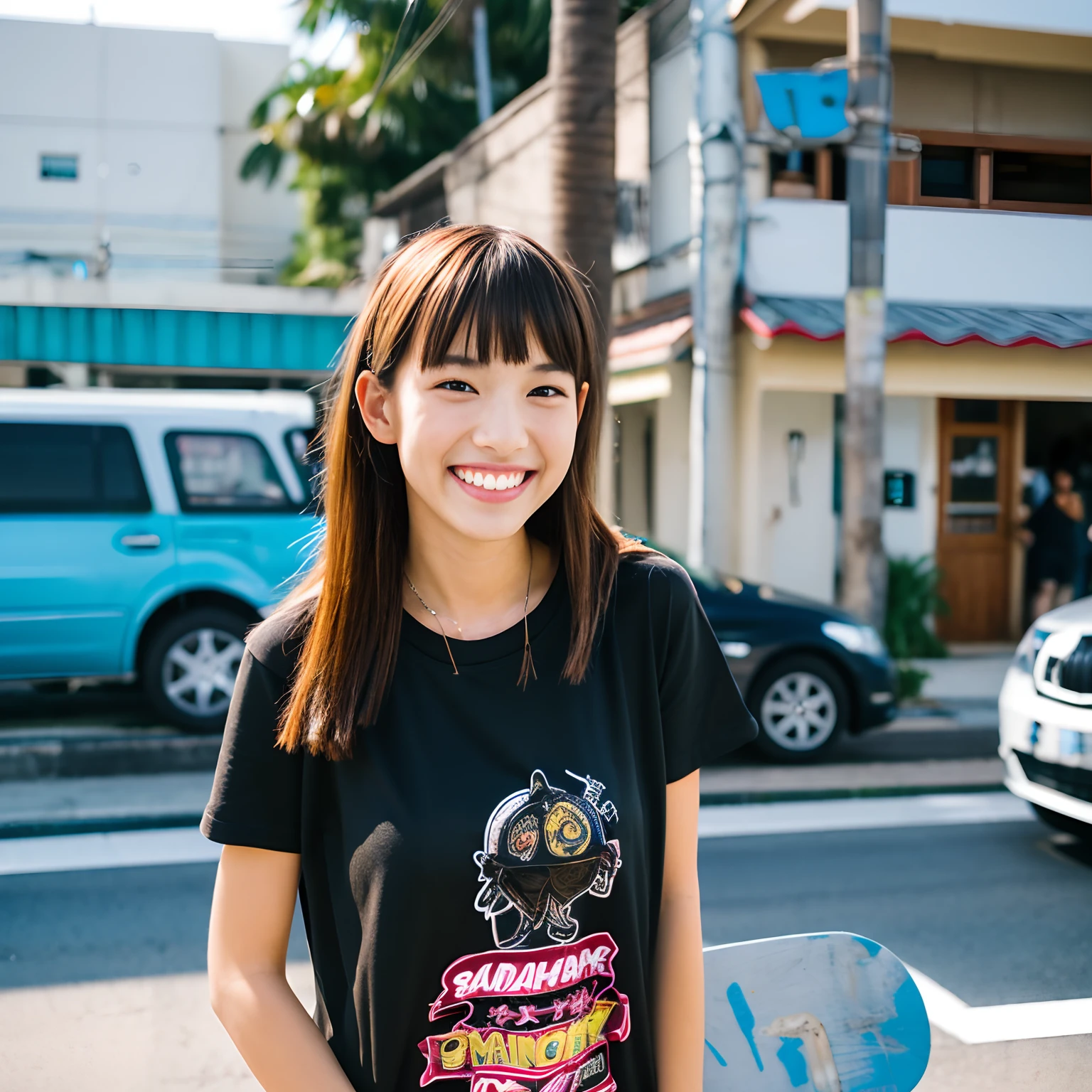 a black T-shirt skater Smiling smile Okinawa Street style
