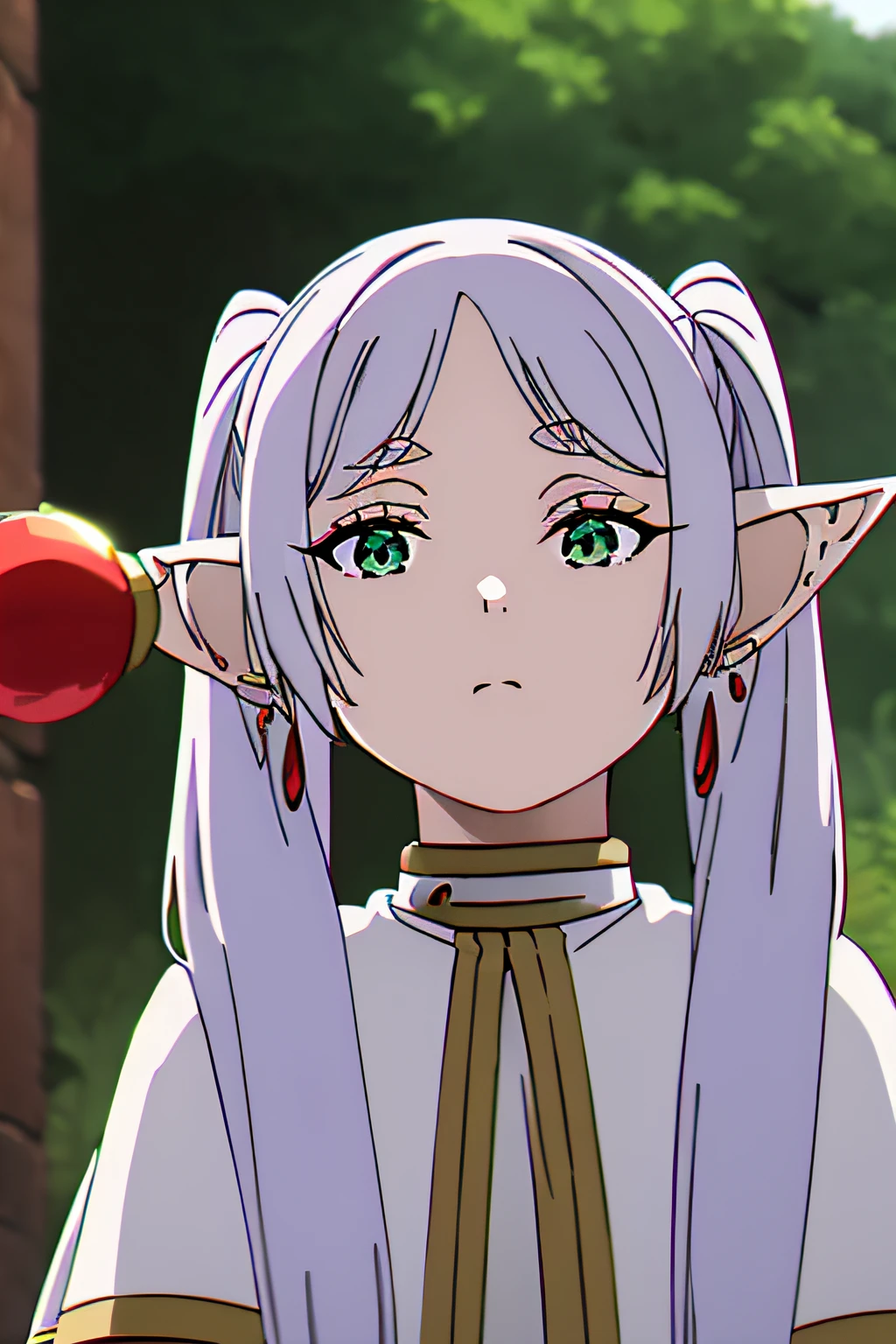 masuter piece, Best Quality, 超A high resolution, top-quality, Anime style, (girl with１a person:1.5), Funeral Freelen, Freelen, white hair girl, Twin-tailed, white robes, Elven ears, Green eyes, Red stone earrings, close up of face
, Holding a wand with a red stone