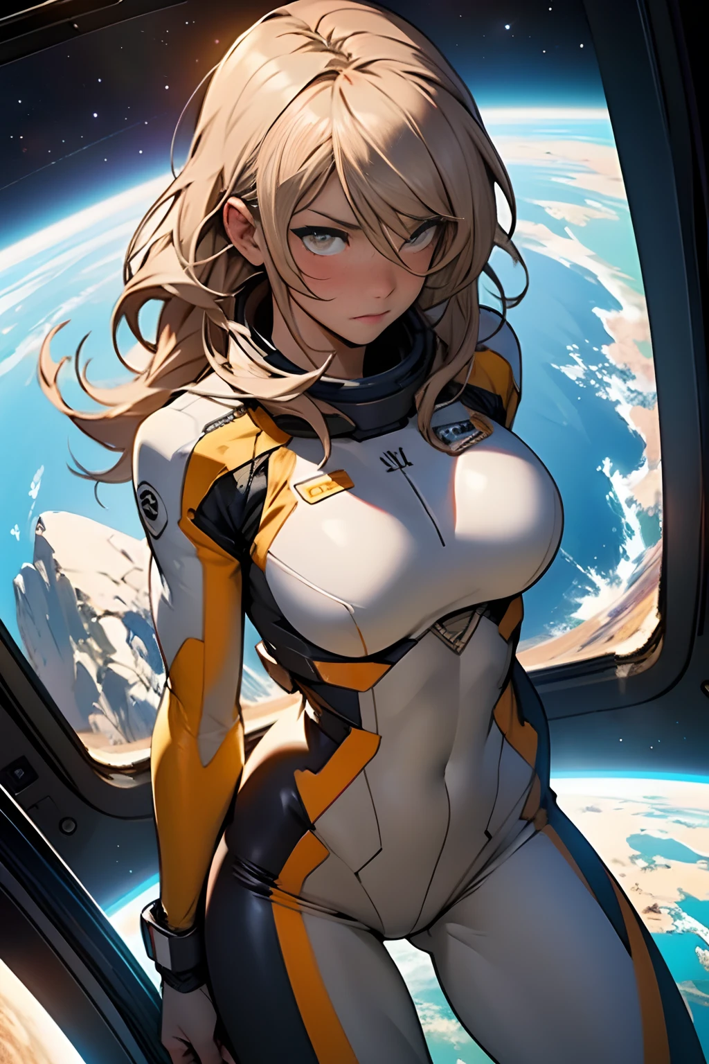 sandy hair fit body large breasts slender thighs slender waist pilot suit solo looking at viewer in space long hair blushing determination