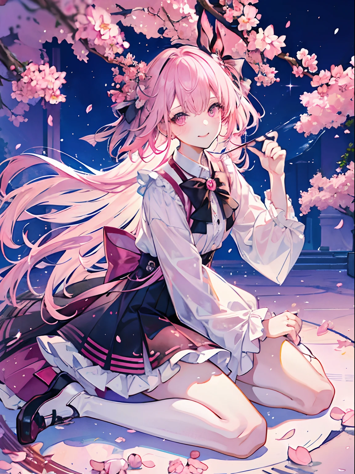 masterpiece, best quality, ultra-detailed, watercolor, full body, colorful, gradation, full body focus, cherry blossom tree, magic circle, night, a cute girl, 1girl, solo, skirt, beautiful pink hair, beautiful pink eyes, beautiful eyes, white-skinned, ribon, light smile, sparkling effect