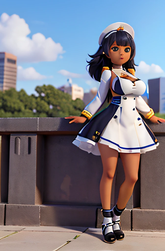 1 BLACK girl, st. louis (azur lane), standing, upper body, ((Huge breasts 1.8)), dress, silver dress, (revealing clothes:1.3), scenery,, anirl, best quality, ultra high res,