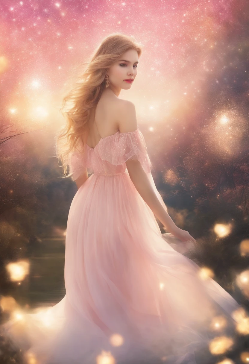 (Best quality, Masterpiece), 1fille, pose, Particules, vent, fleur, Haut du corps, sinple background, Regarder le public, Blonde, milky way, aesthetics
