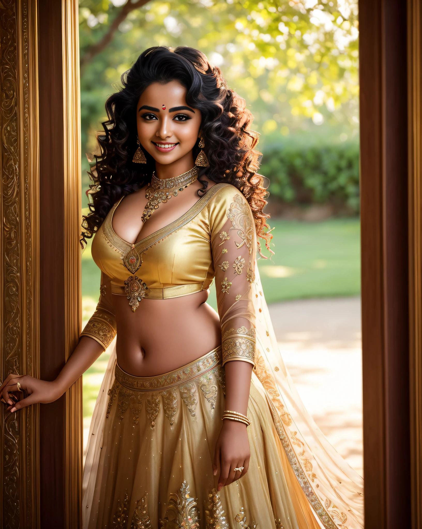 (masterpiece fashion photography:1.4)  closeup of a solo ravishing sensuous curvy malayali princess Anupama Parmeshwaran , walking in a kagfkblSaraha palace corridor , in (ornate blouse & ghagra:1.3),  glistening perfect skin, navel, cute cleavage, 90's fashion, (flowing curly wavy backlit hair), hair accessories, vivacious, happy, (captivating kohl lined eyes:1.3) , (bright smile:1.3) flowering trees everywhere, soft dramatic evening lighting, depth of field, backlit, light rays, highly detailed, trending on artstation, paint splashes, rich colour, elegant portrait, by Ron hicks & Annie leibovitz