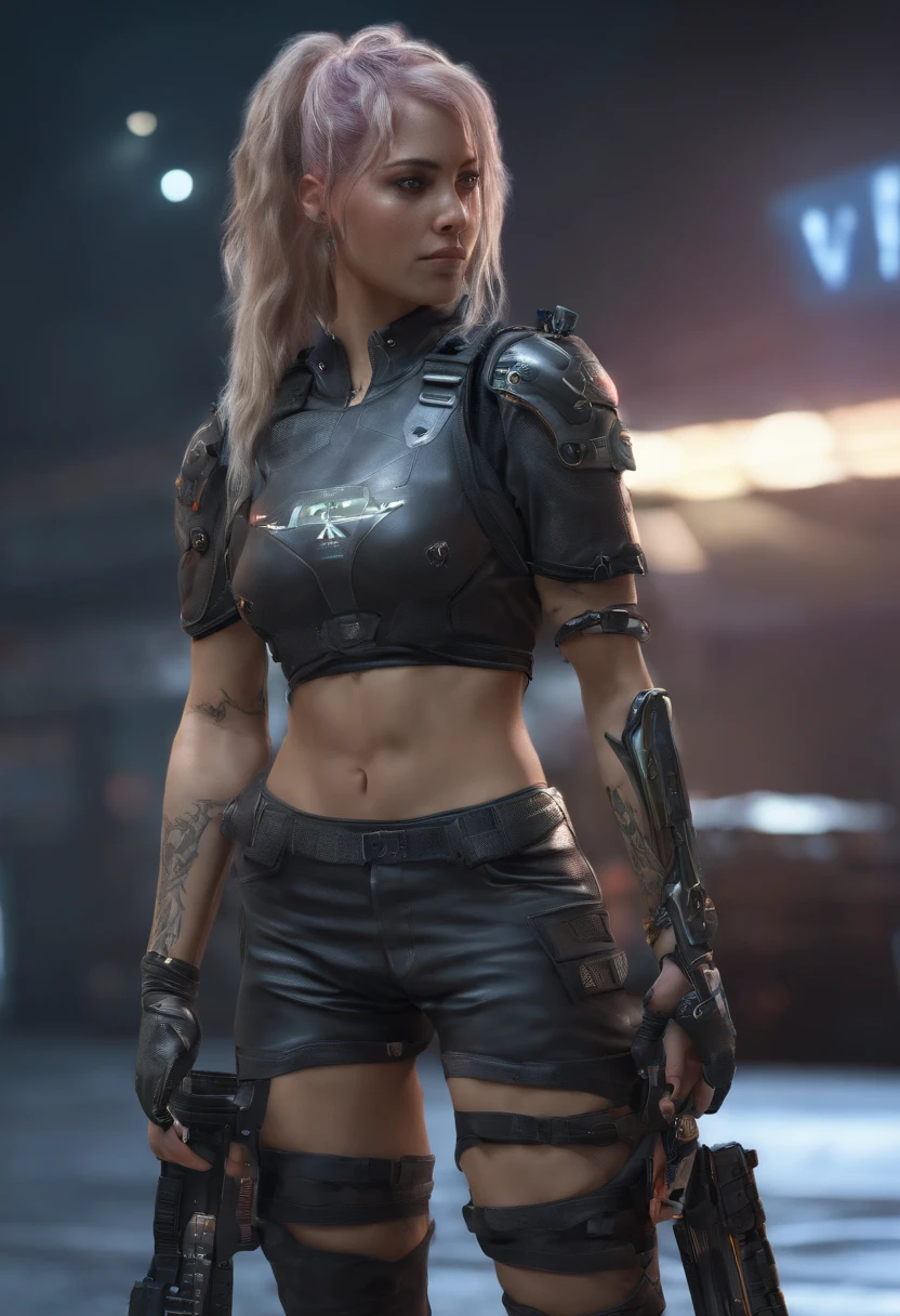 (Realista, foto-realista, 4k, hdr), mulher com armadura cyberpunk (tecnologica), (seios grandes:1.4,) (unreal engine 5), com uma espada (nas costas), cabelo rabo de cavalo, cidade cyberpunk, (a noite, chovendo)