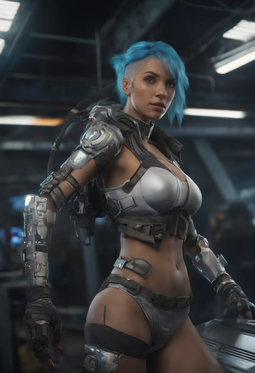 (Realista, foto-realista, 4k, hdr), mulher com armadura cyberpunk (tecnologica), (seios grandes:1.4,) (unreal engine 5), com uma espada (nas costas), cabelo rabo de cavalo, cidade cyberpunk, (a noite, chovendo)