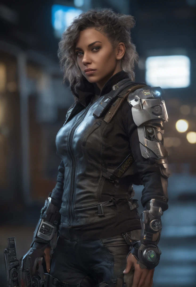 (Realista, foto-realista, 4k, hdr), mulher com armadura cyberpunk (tecnologica), (seios grandes:1.4,) (unreal engine 5), com uma espada (nas costas), cabelo rabo de cavalo, cidade cyberpunk, (a noite, chovendo)