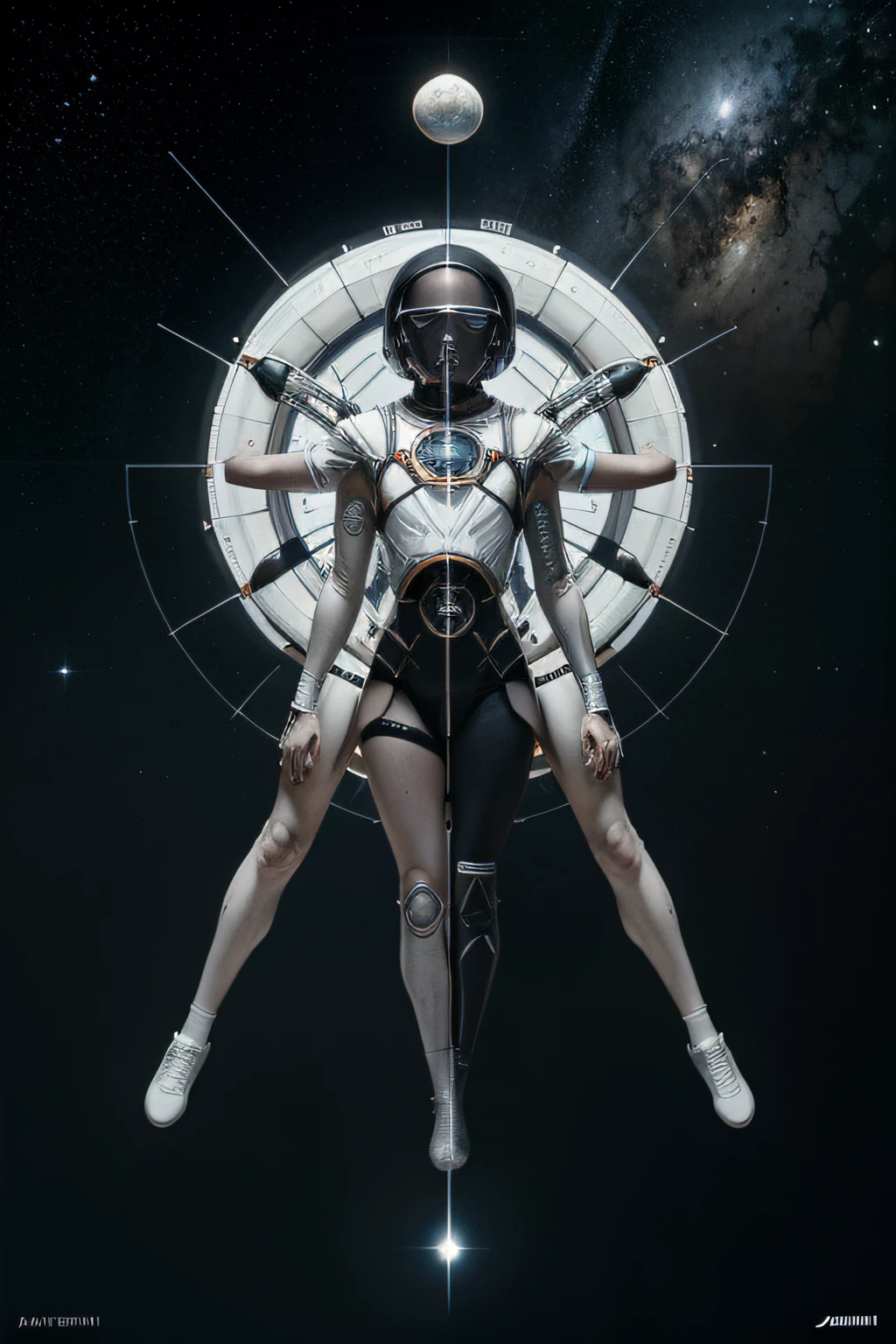 a black and white photo of a man in a space suit, an album cover, by Kurt Roesch, surrealism, the vitruvian man style, beeple daily art, beeple and jeremiah ketner, geometry and astrology, arms stretched out, the three body problem, listing image, style of ade santora, astronauts, symmetrical artwork